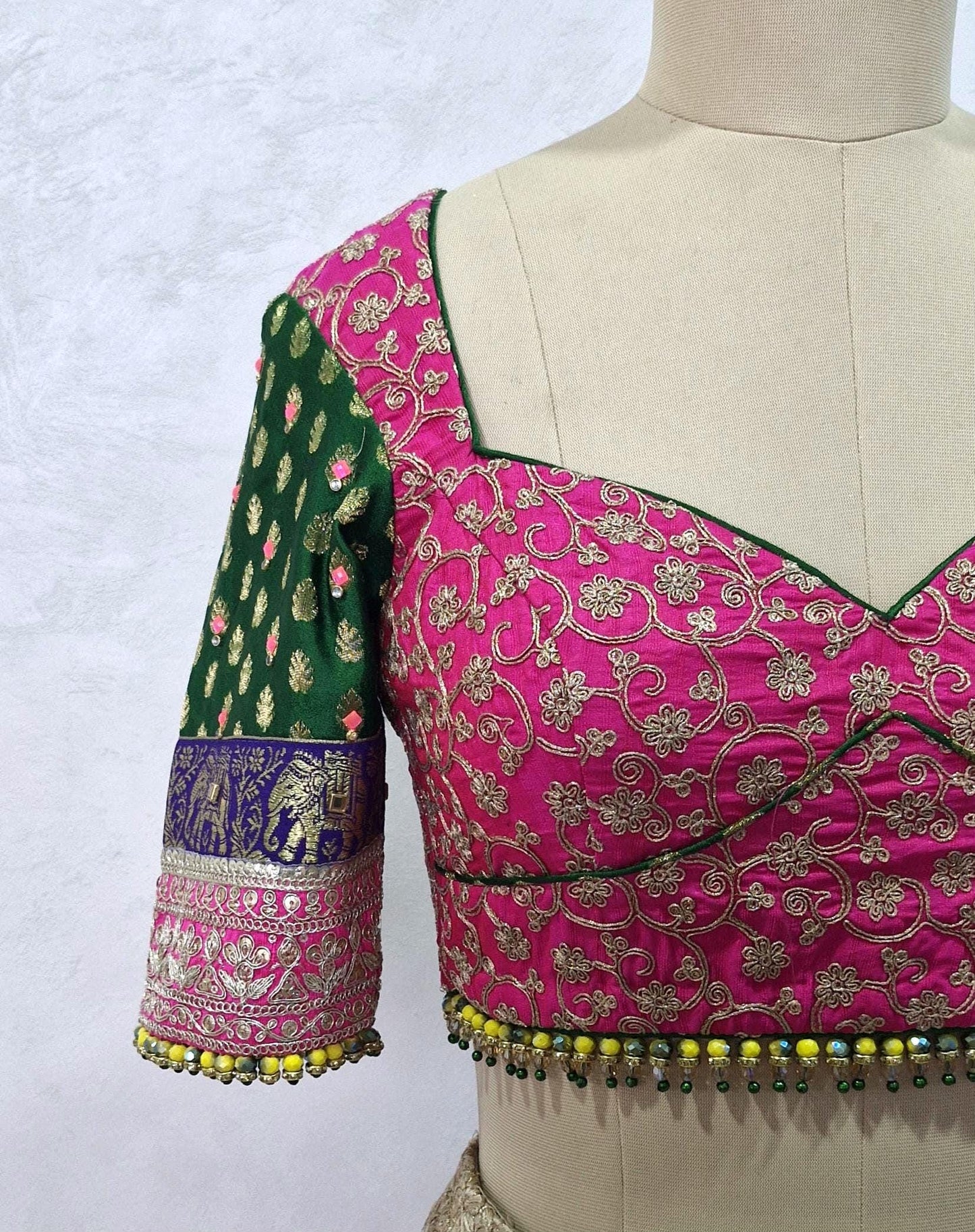 Embroidered Silk Pink and Green Blouse Sweetheart Neck DVBL_449
