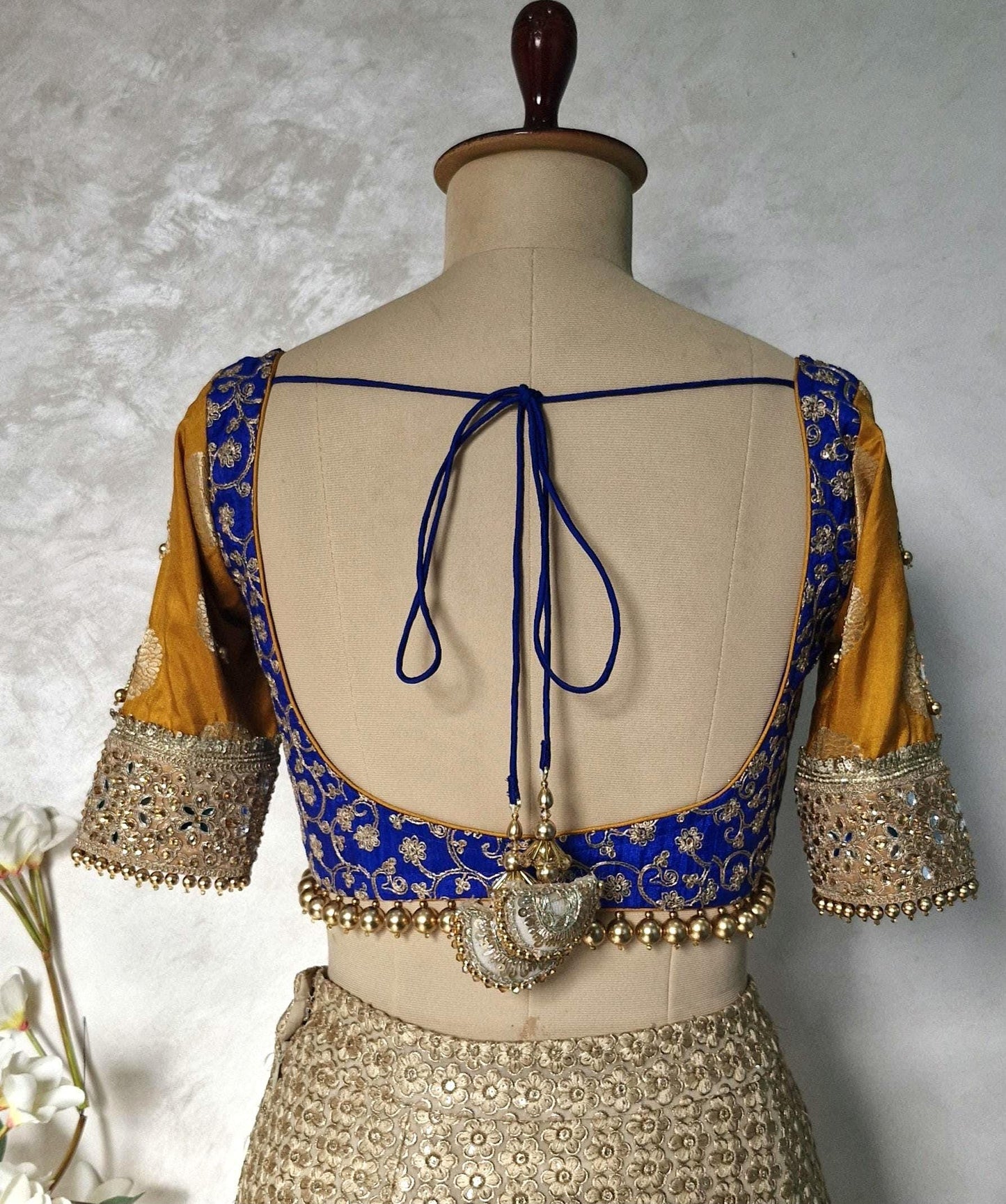 Embroidered Royal Blue and Mustard Blouse Sweetheart Neck DVBL_447
