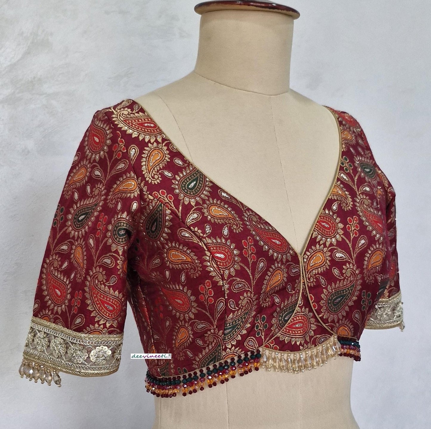 Maroon Brocade Deep Sweetheart Neck Half Sleeves Blouse DVBL_403