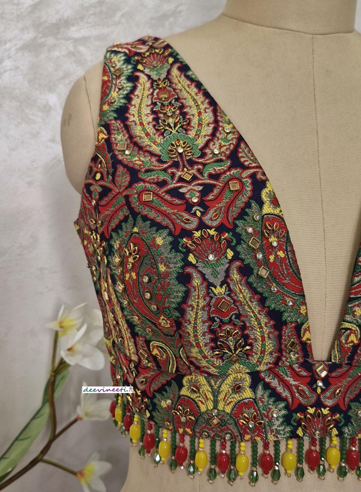 Embellished Banarasi Brocade Plunge Neckline Blouse DVBL_400
