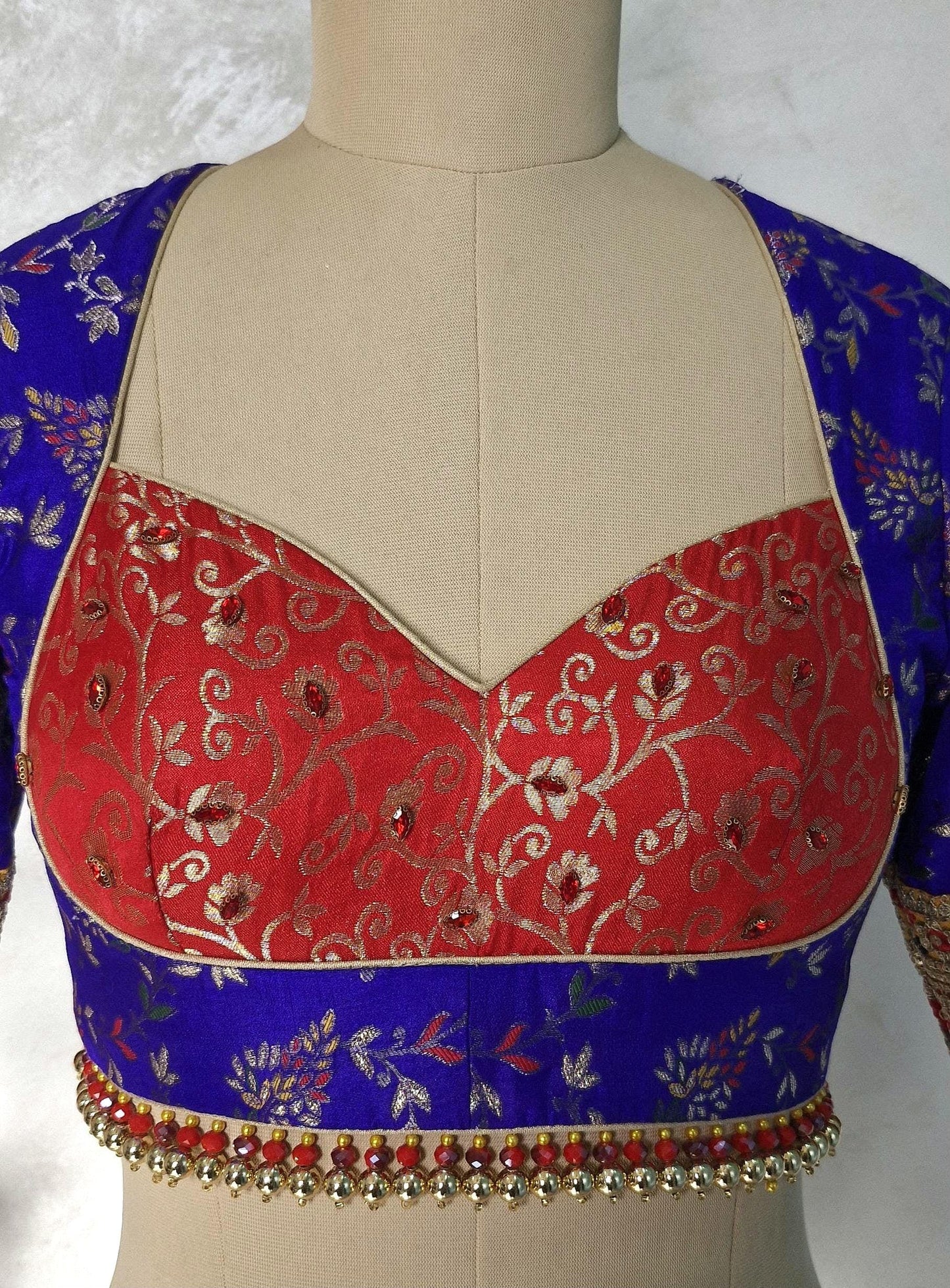 Blue Red Brocade Silk Sweetheart Neckline Blouse DVBL_448