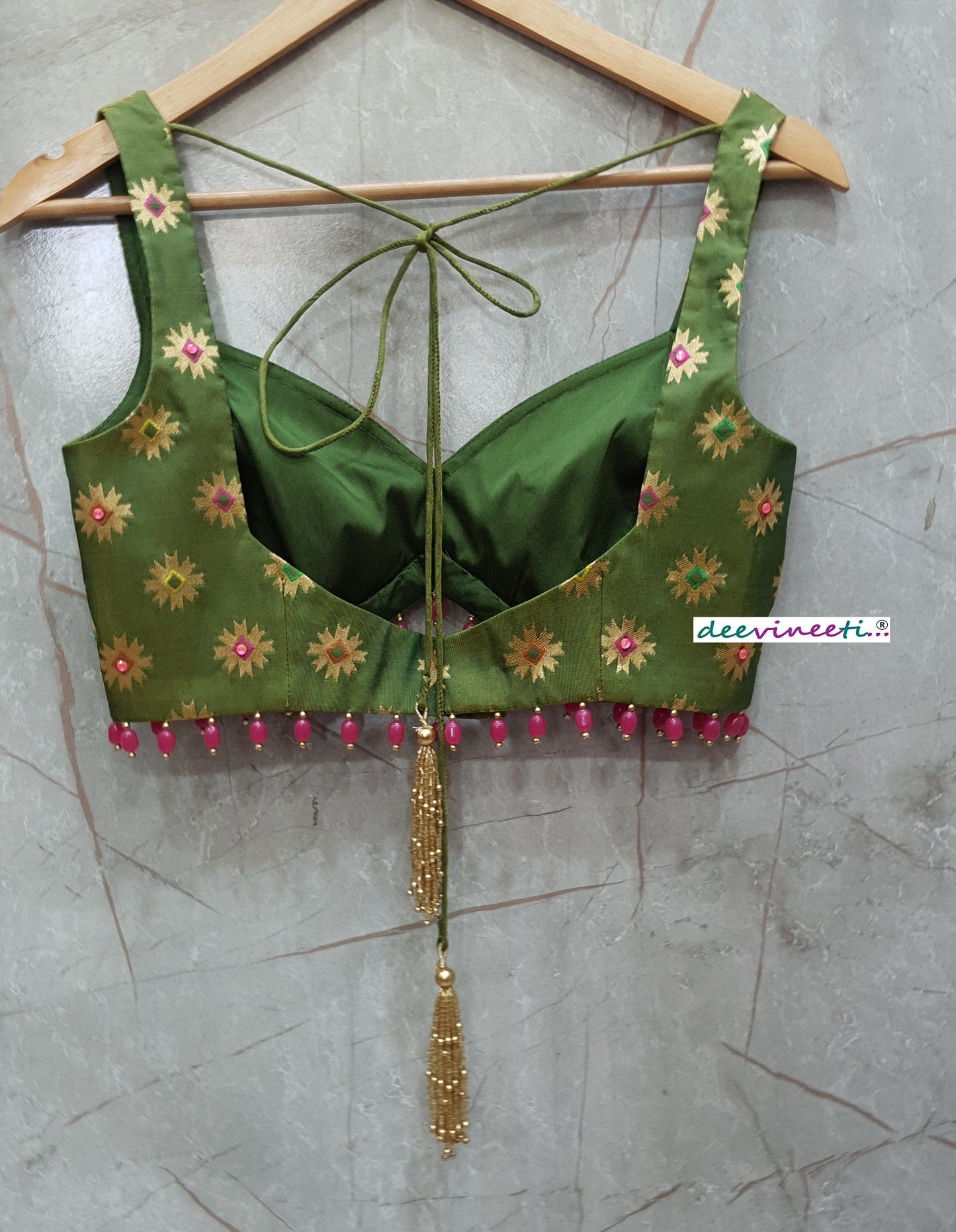 Green Brocade Silk Deep Sweetheart Neck Blouse DVBL_260
