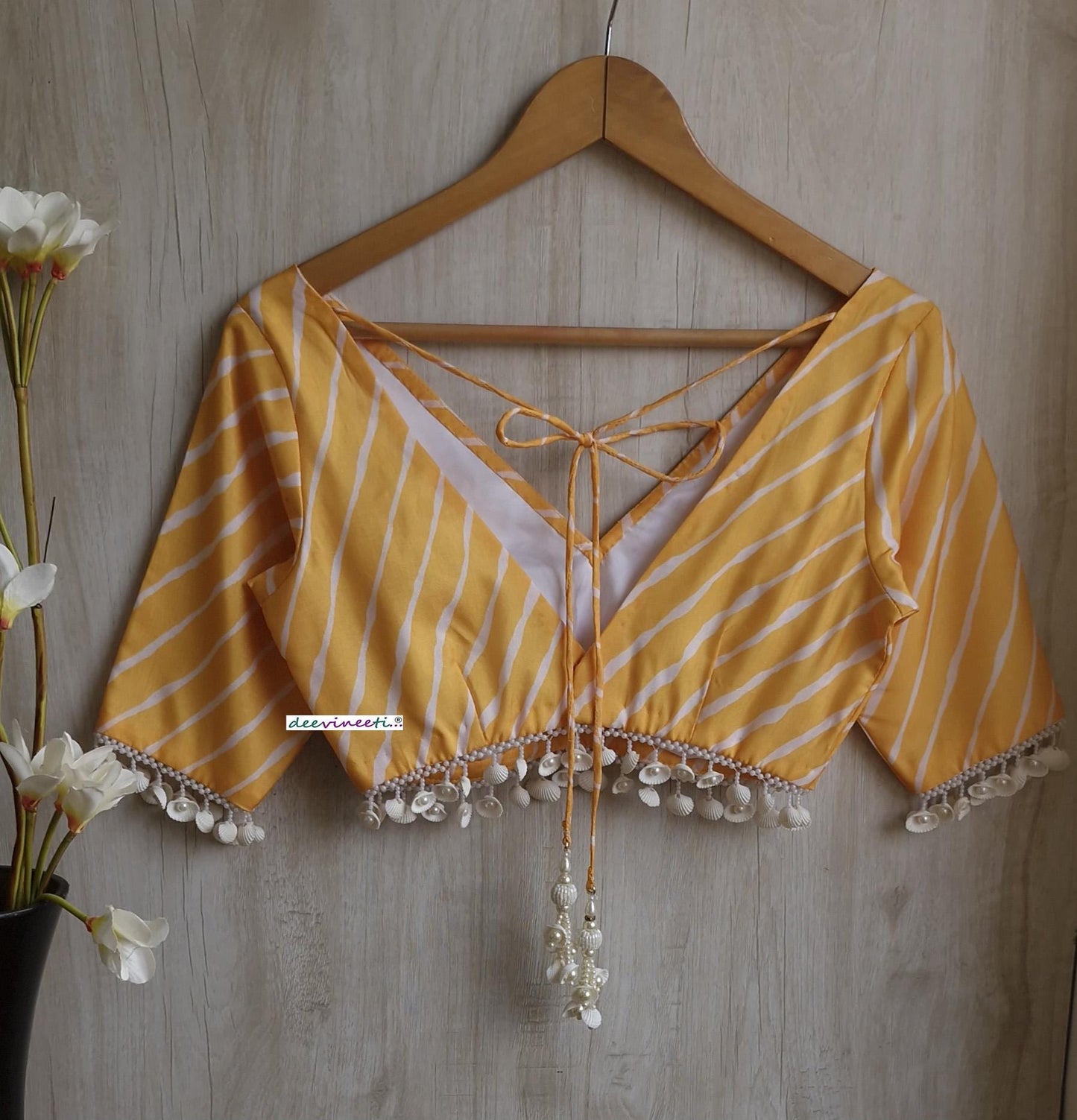Yellow Leheriya Print Silk V Neck Blouse DVBL_392