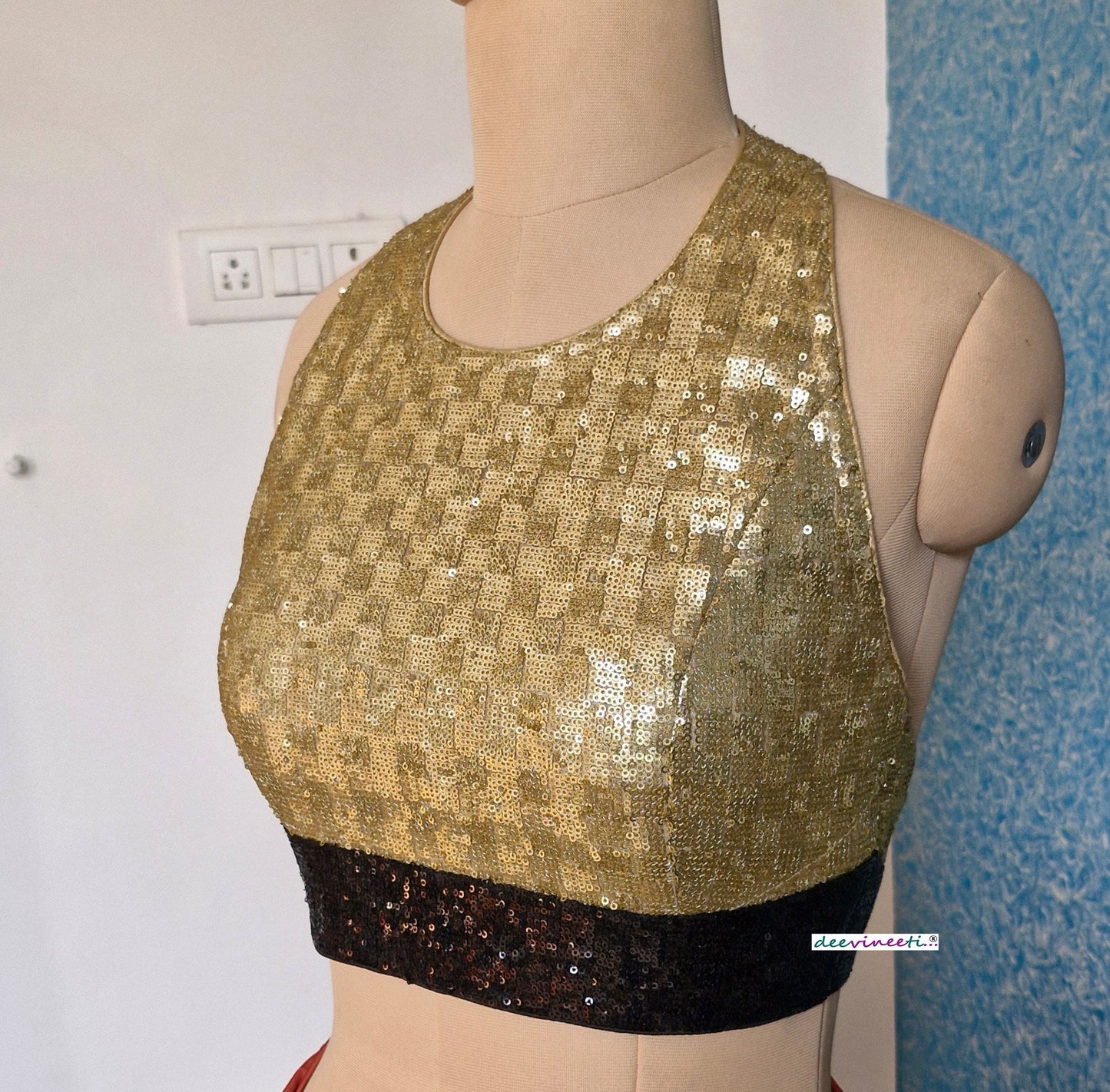 Gold and Black Sequins Halter Neck Backless Blouse DVBL_337