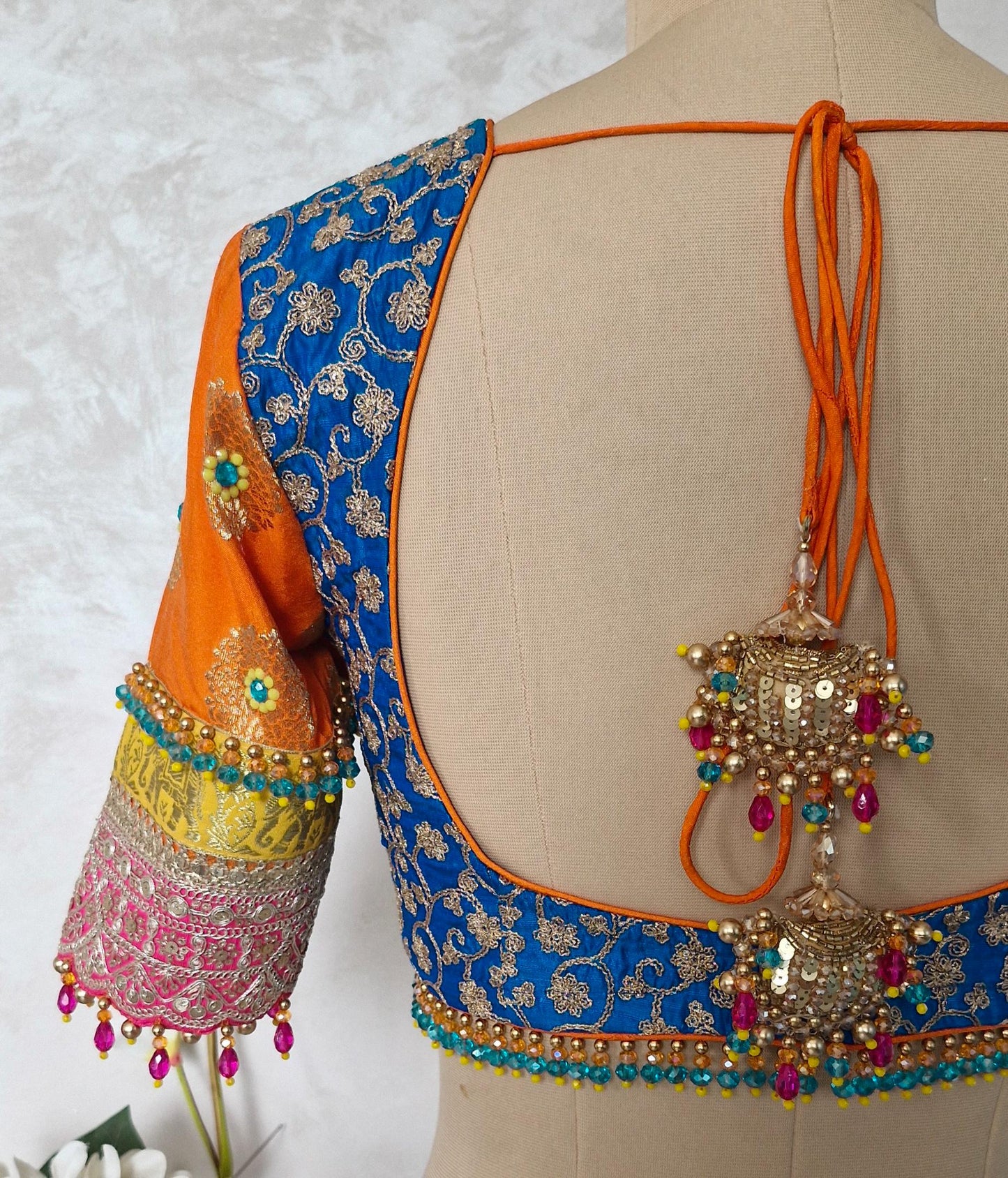 Blue and Orange Embroidered Silk Blouse DVBL_456