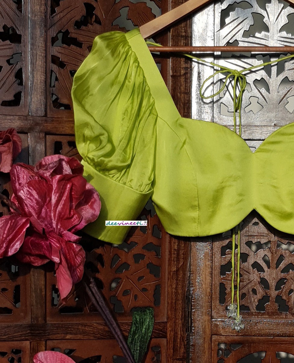 Lime Green Satin Organza Puff Sleeves Blouse DVBL_266