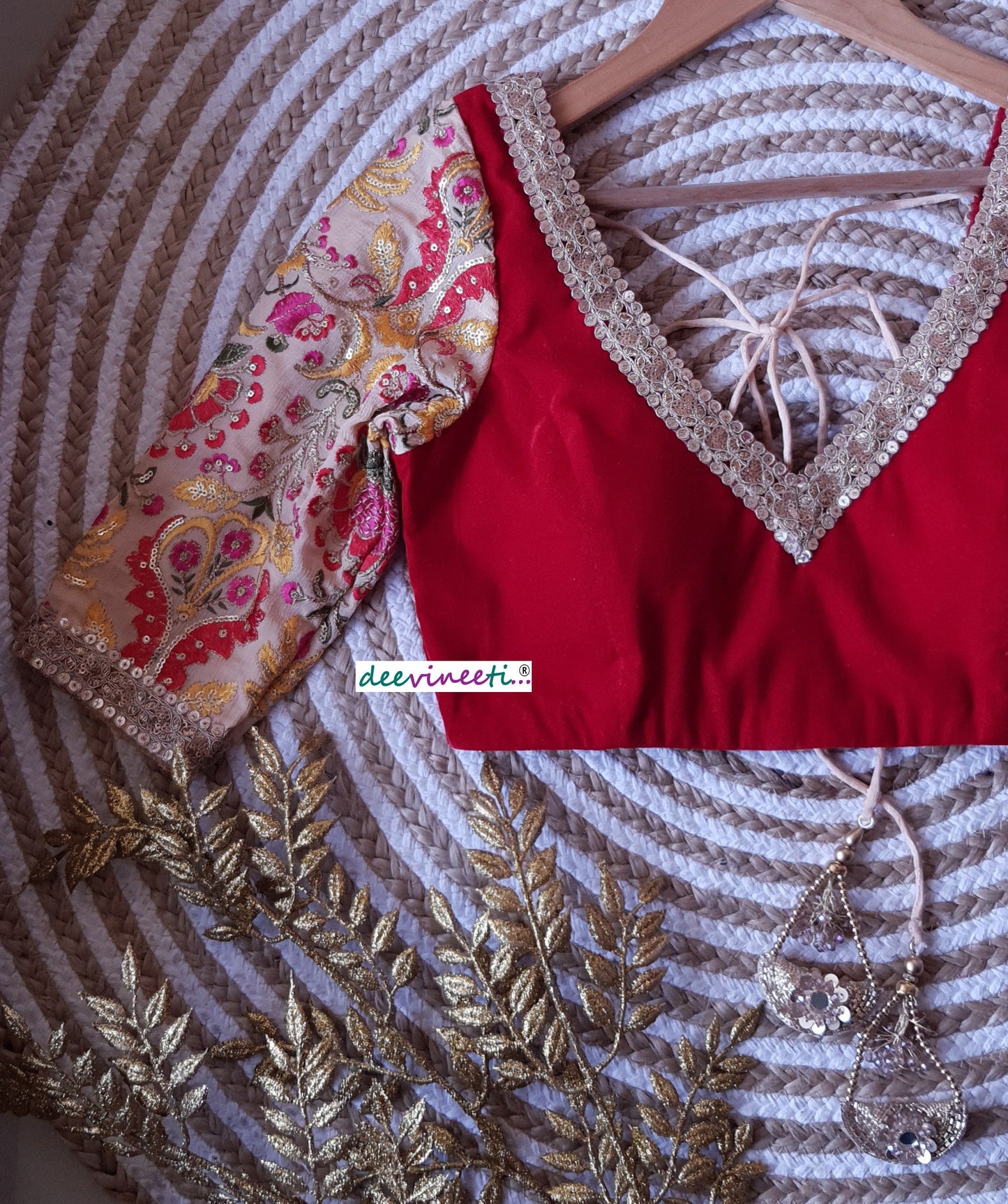 Red Velvet Embroidered Sleeves Blouse DVBL_156