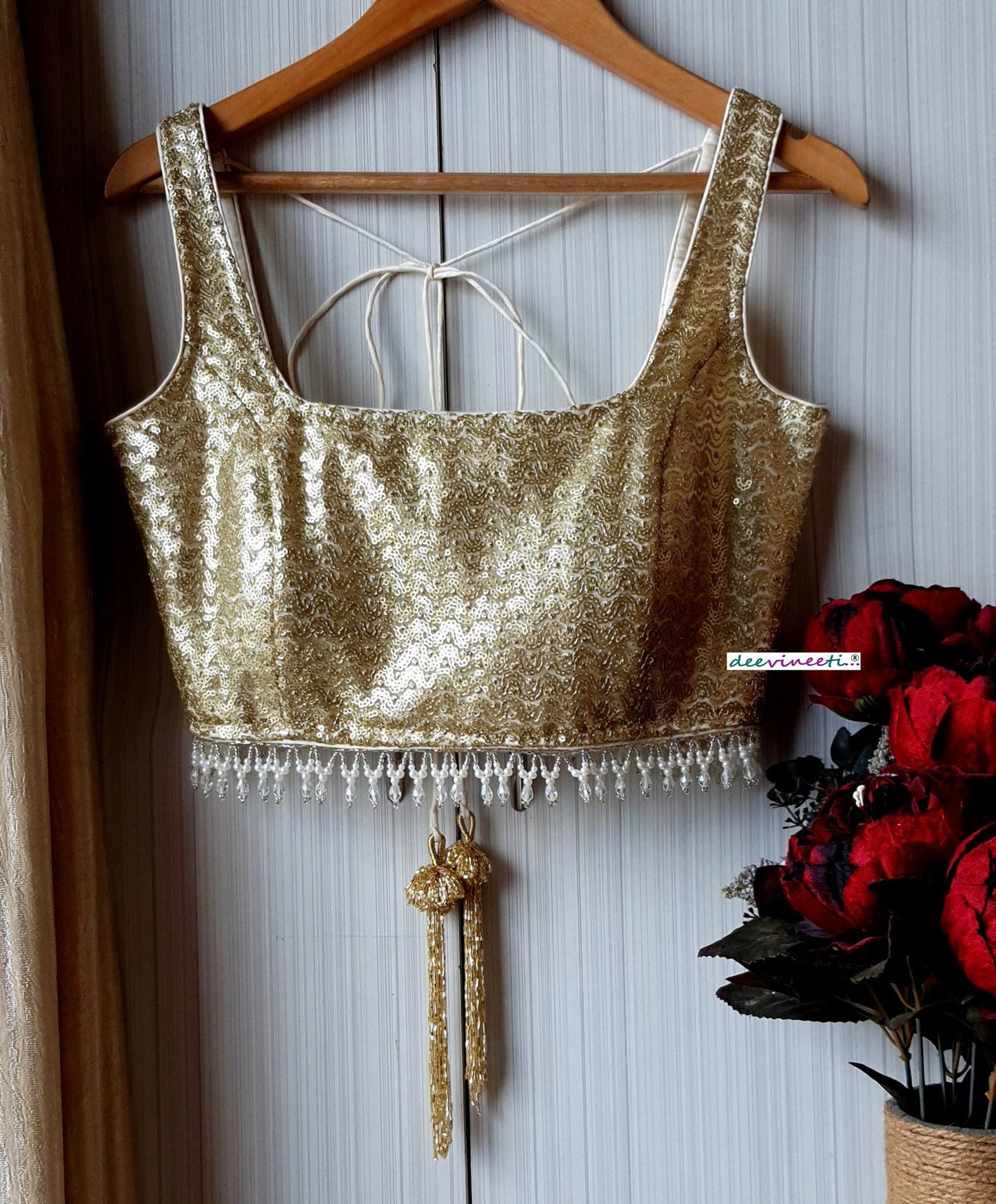 Gold Sequins Embroidered Net Square Neck Blouse DVBL_198