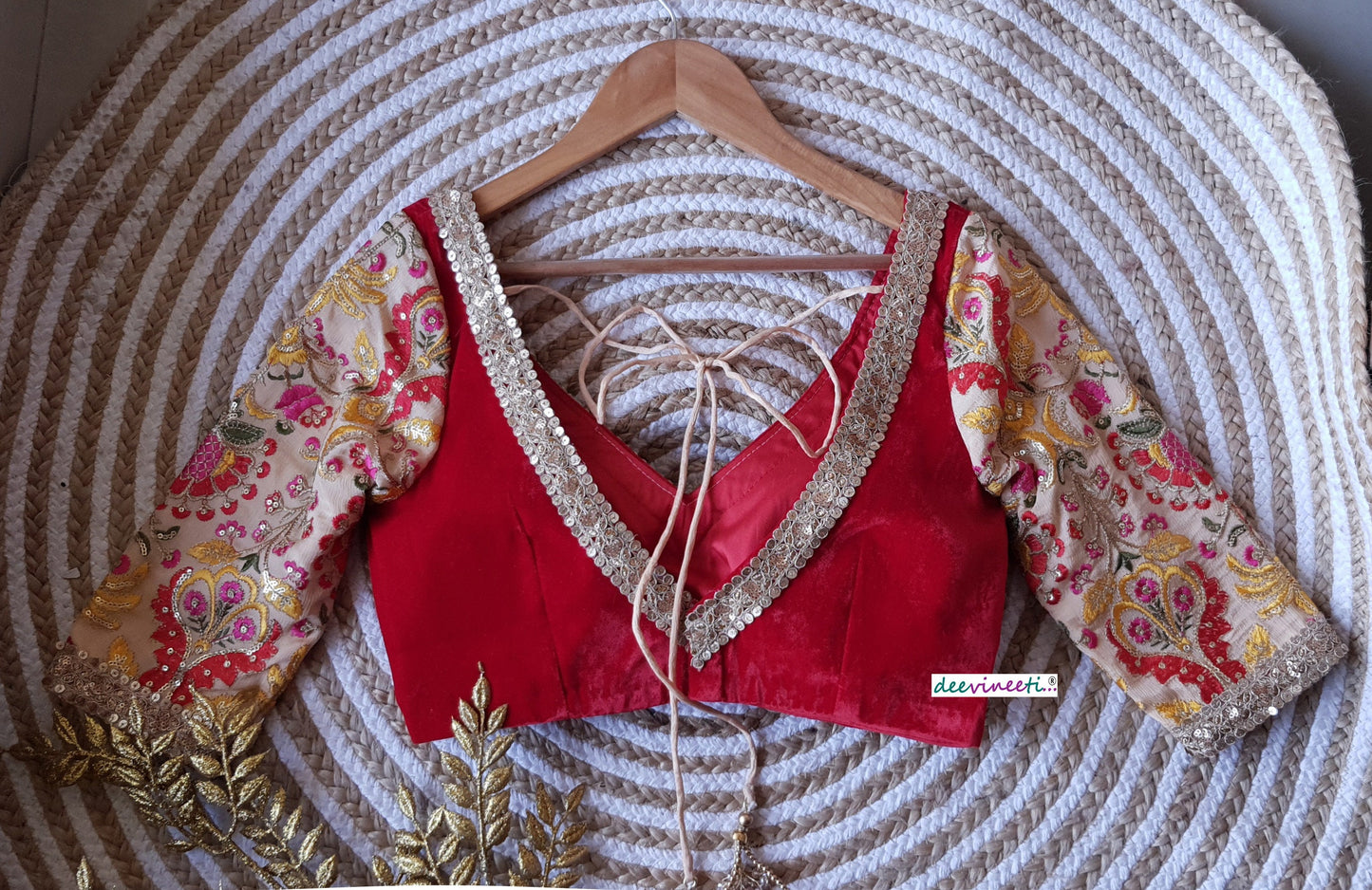 Red Velvet Embroidered Sleeves Blouse DVBL_156