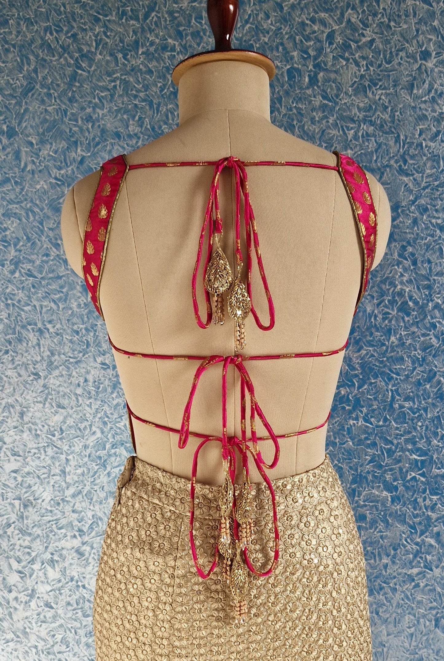 Pink Gold Brocade Silk Backless Corset Blouse DVCB_004