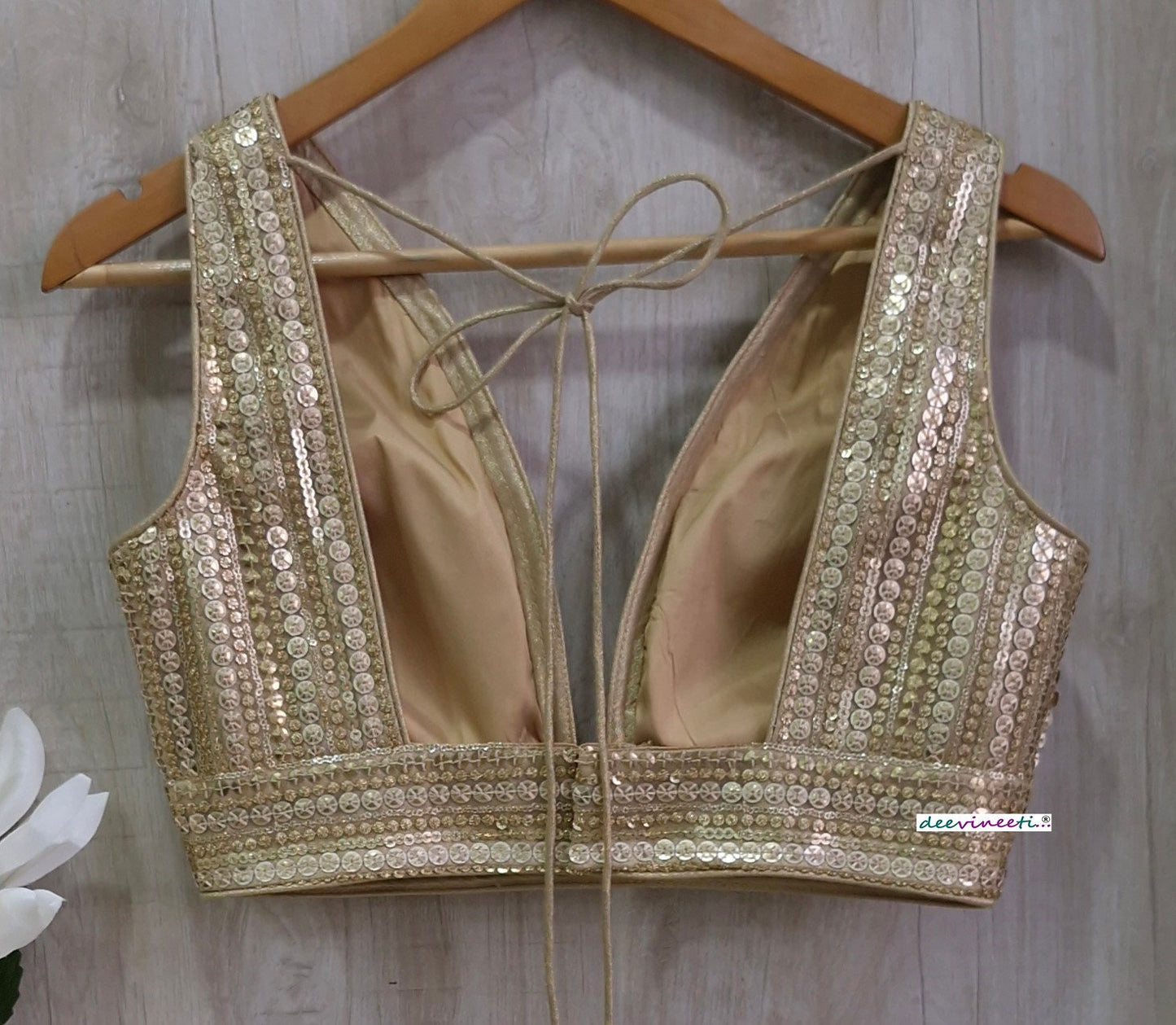 Gold Sequins Embroidered Plunge Neckline Blouse DVBL_363