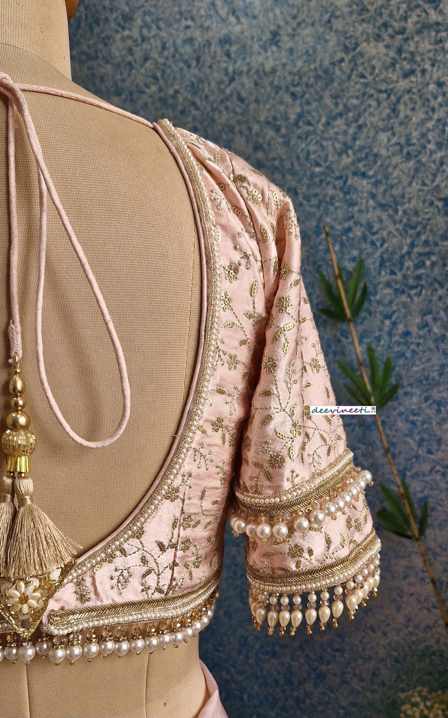 Peachish Pink Embroidered Sweetheart Neck Blouse DVBL_381