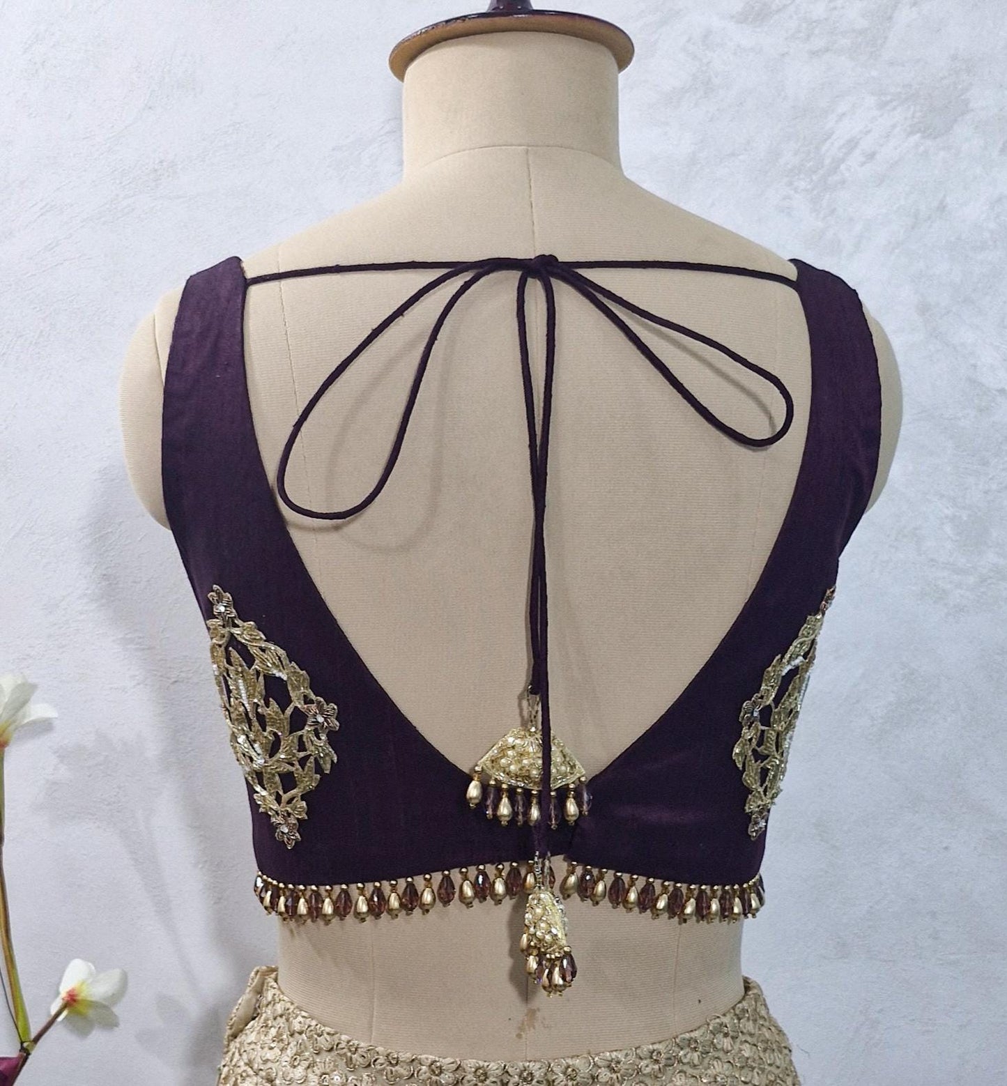 Hand Embroidered Burgundy Wine Raw Silk Blouse DVBL_432