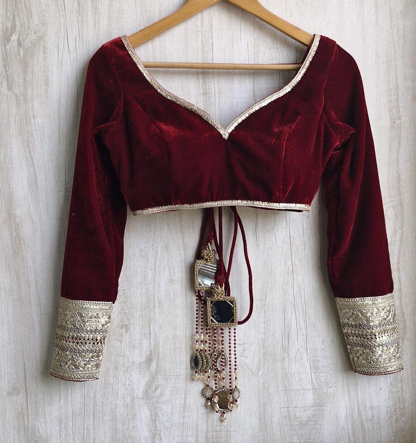 Deep Burgundy Velvet Deep Sweetheart Neck Full Sleeves Blouse DVBL_410