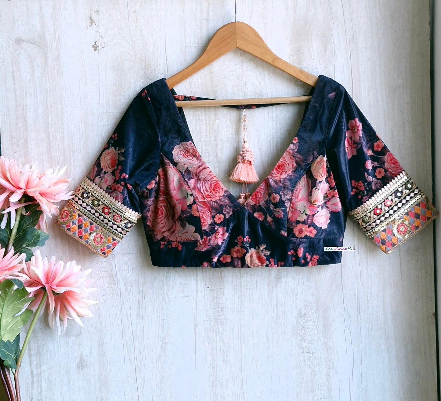 Deep Blue Floral Print Velvet V Neck Blouse DVBL_348.