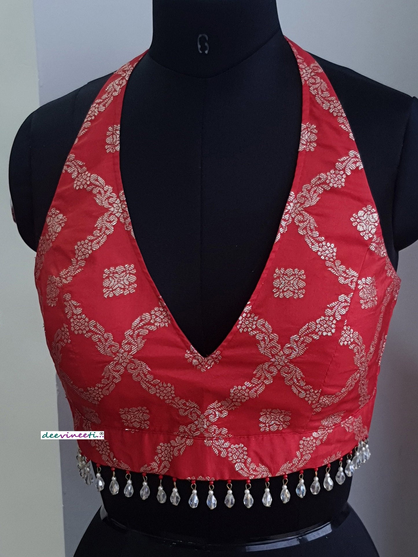 Red Brocade Halter Neck Blouse DVBL_264