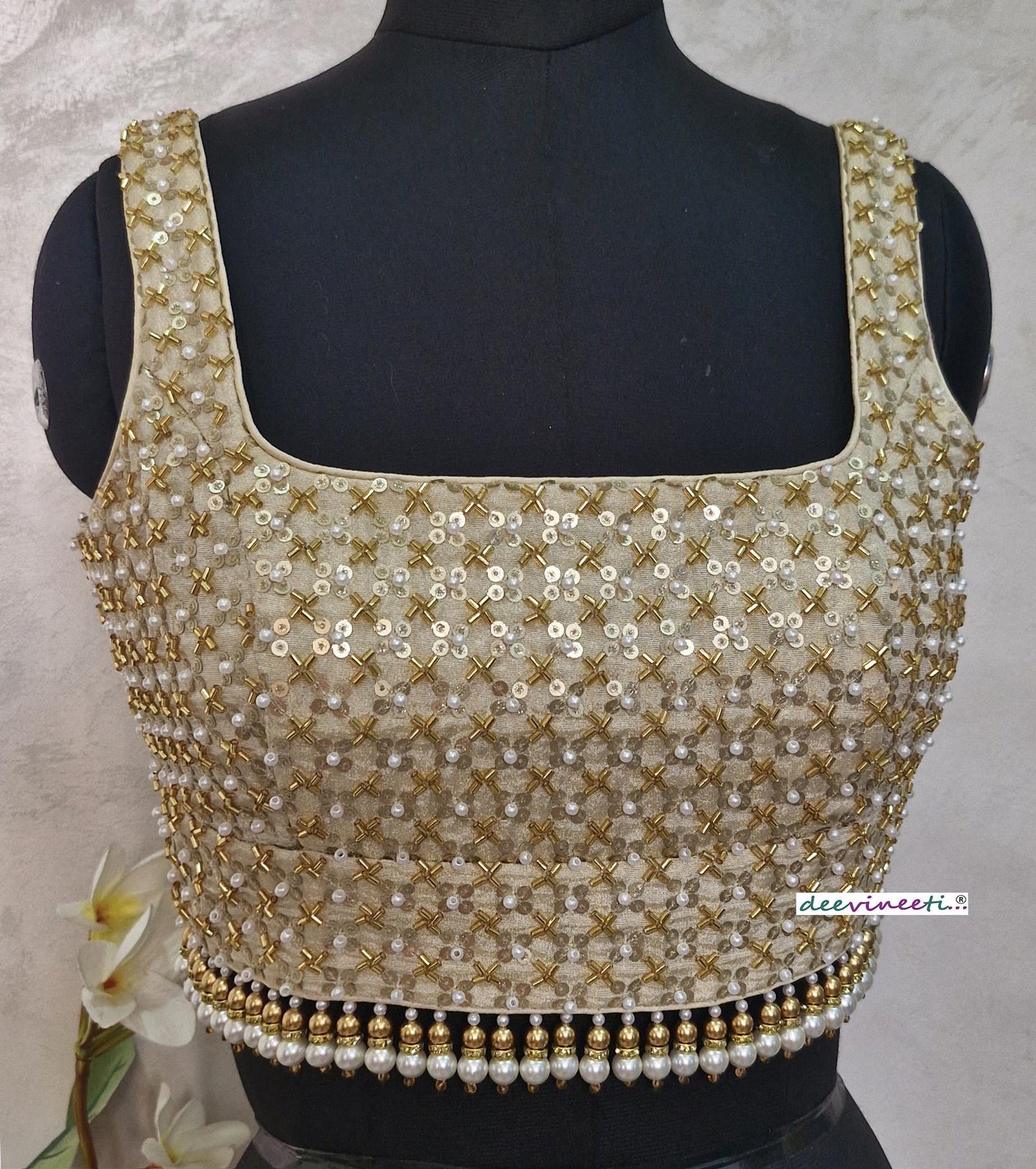Gold Embroidered Tissue Silk Blouse Square Neck DVBL_399