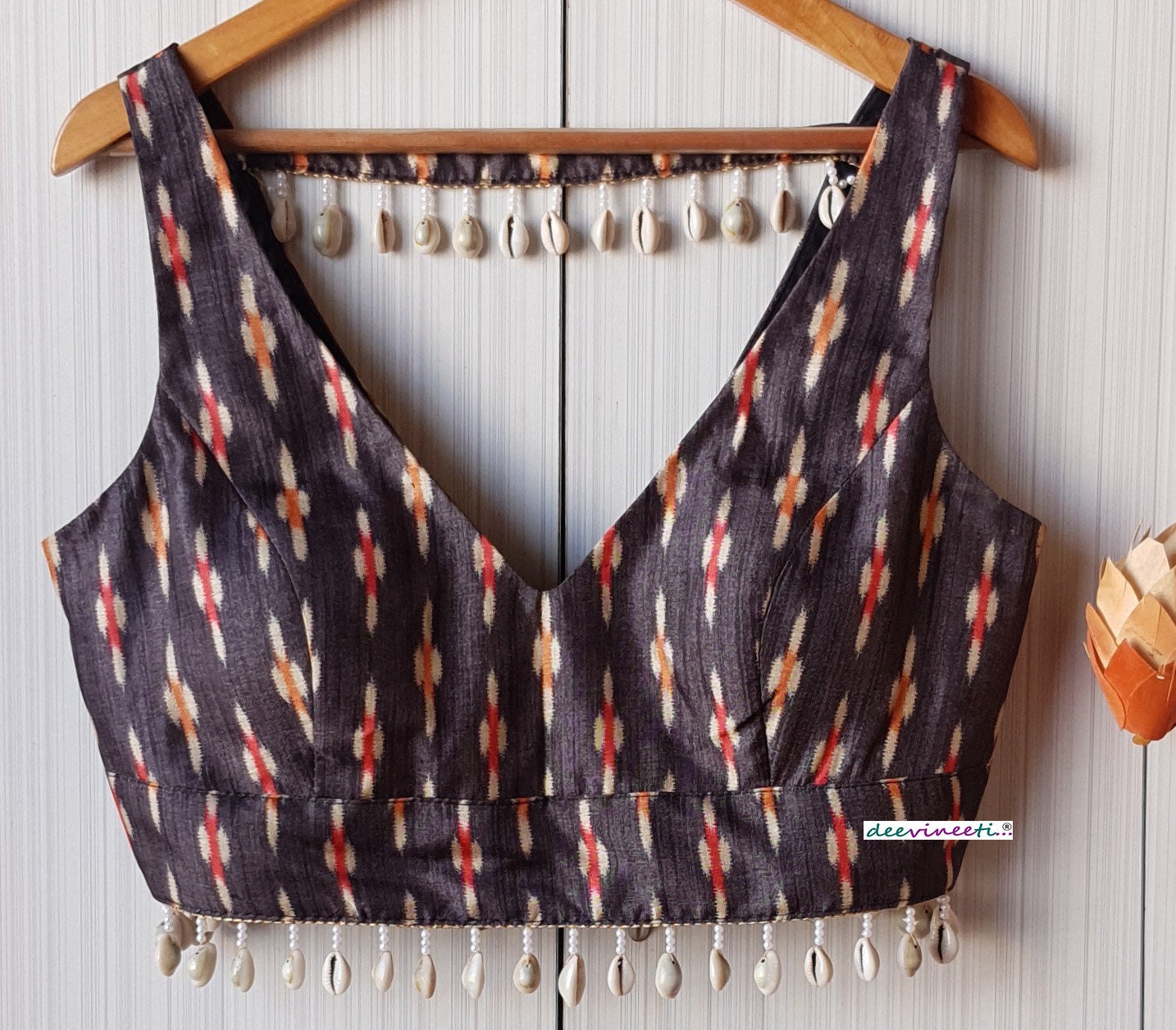 Grey Ikkat Print Khadi Silk Deep V Neck Blouse DVBL_224