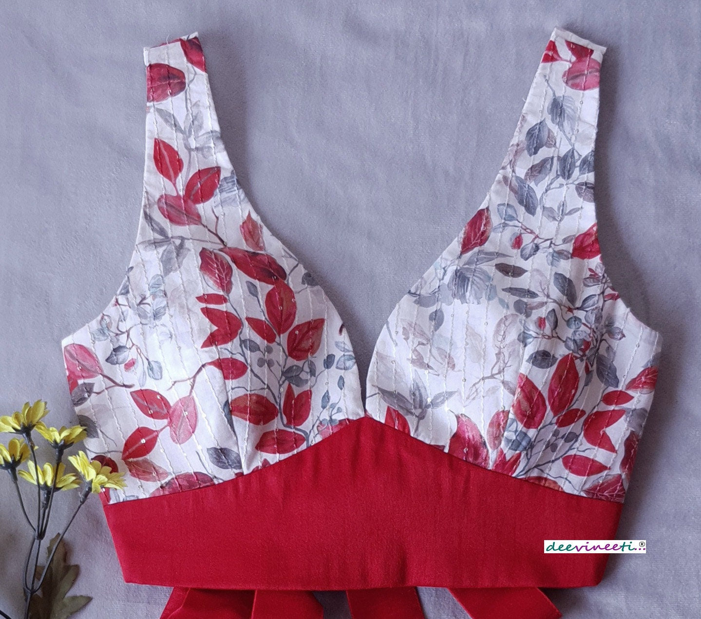 Floral Print Off White and Red Tie Blouse DVBL_180