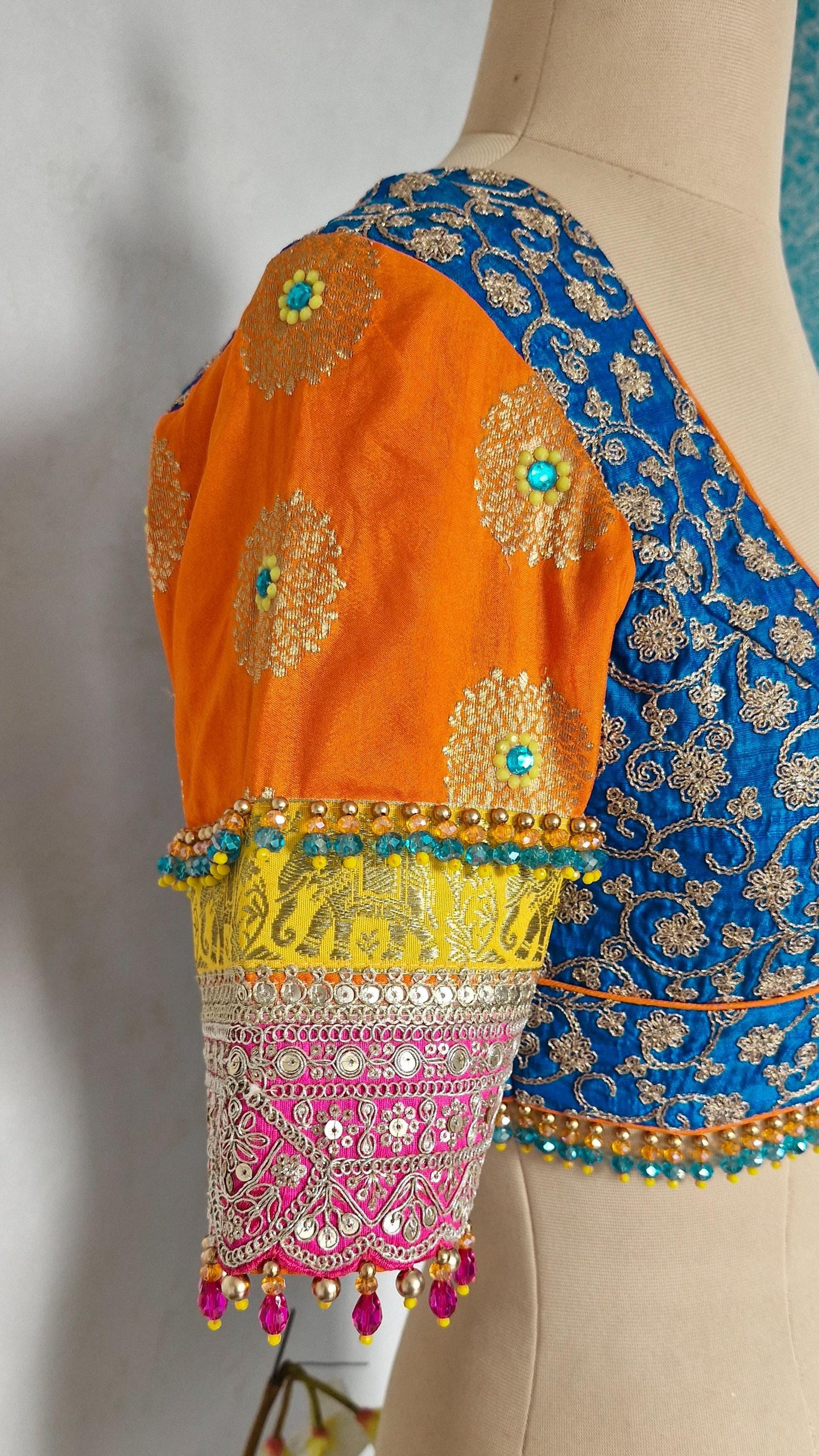 Blue and Orange Embroidered Silk Blouse DVBL_456
