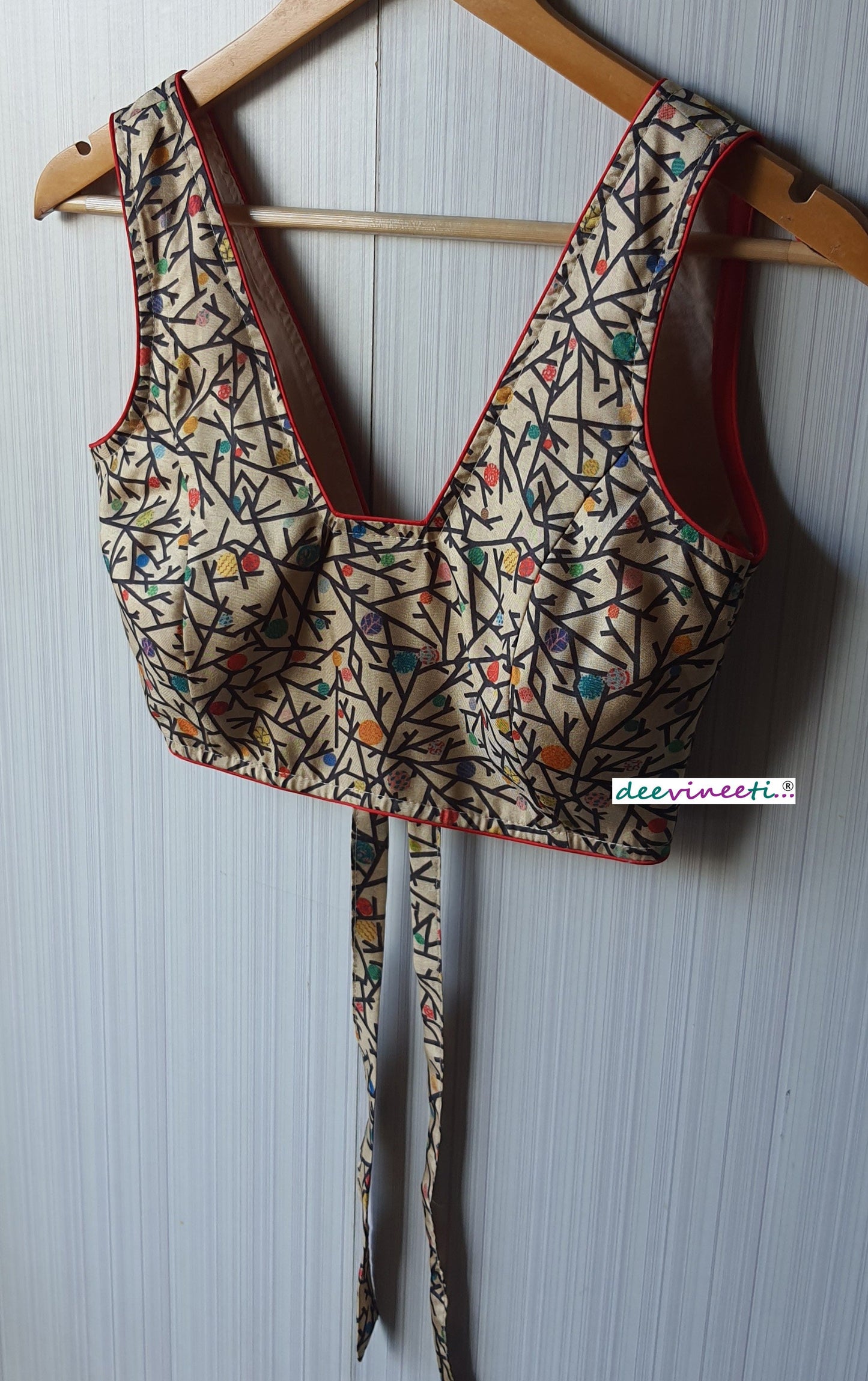 Beige Printed Khadi Silk Blouse Trapeze Neck Blouse DVBL_069
