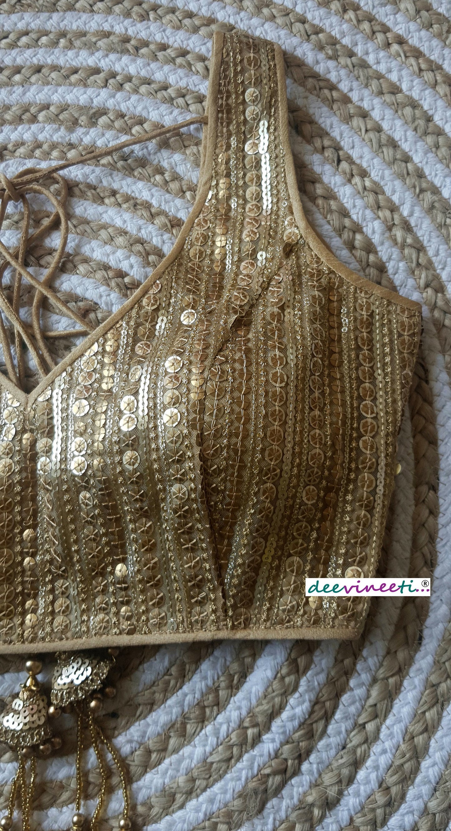 Gold Sequins Embroidered Deep V Neck Blouse DVBL_126
