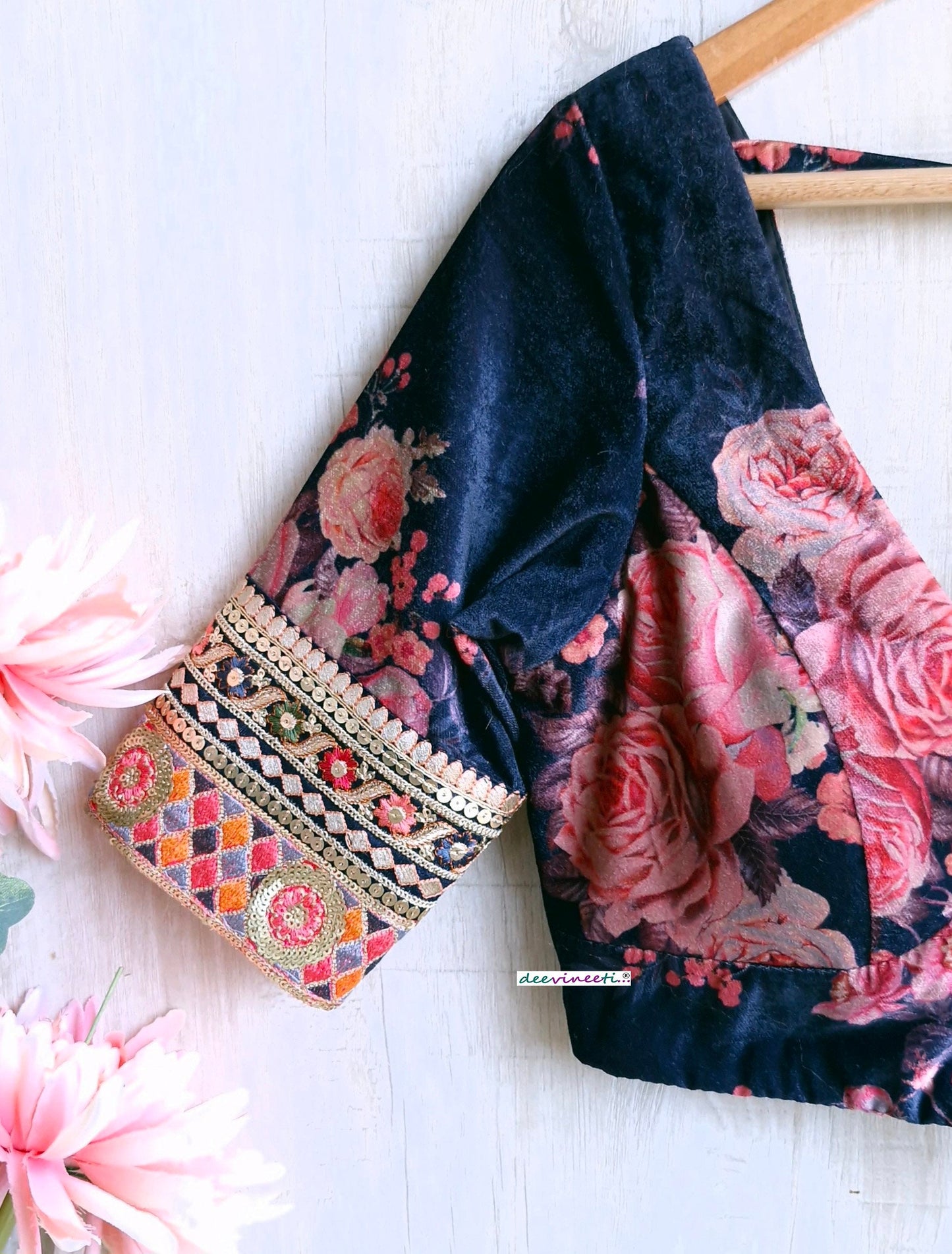 Deep Blue Floral Print Velvet V Neck Blouse DVBL_348.