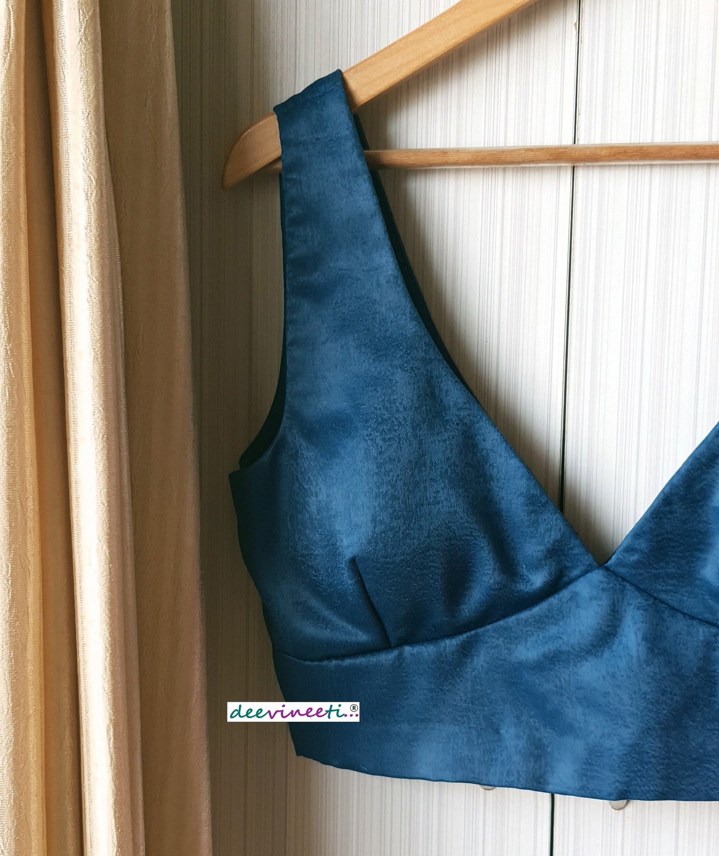 Blue Velvet Crepe Sleeveless Cross Cut Deep V Neck Blouse DVBL_094