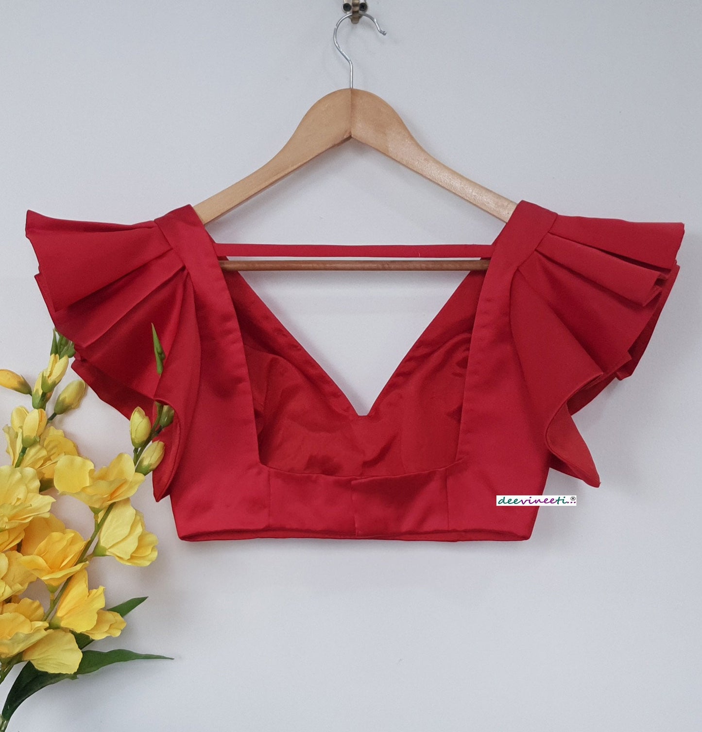 Red Satin Deep V Neck Ruffled Sleeves Blouse DVBL_265