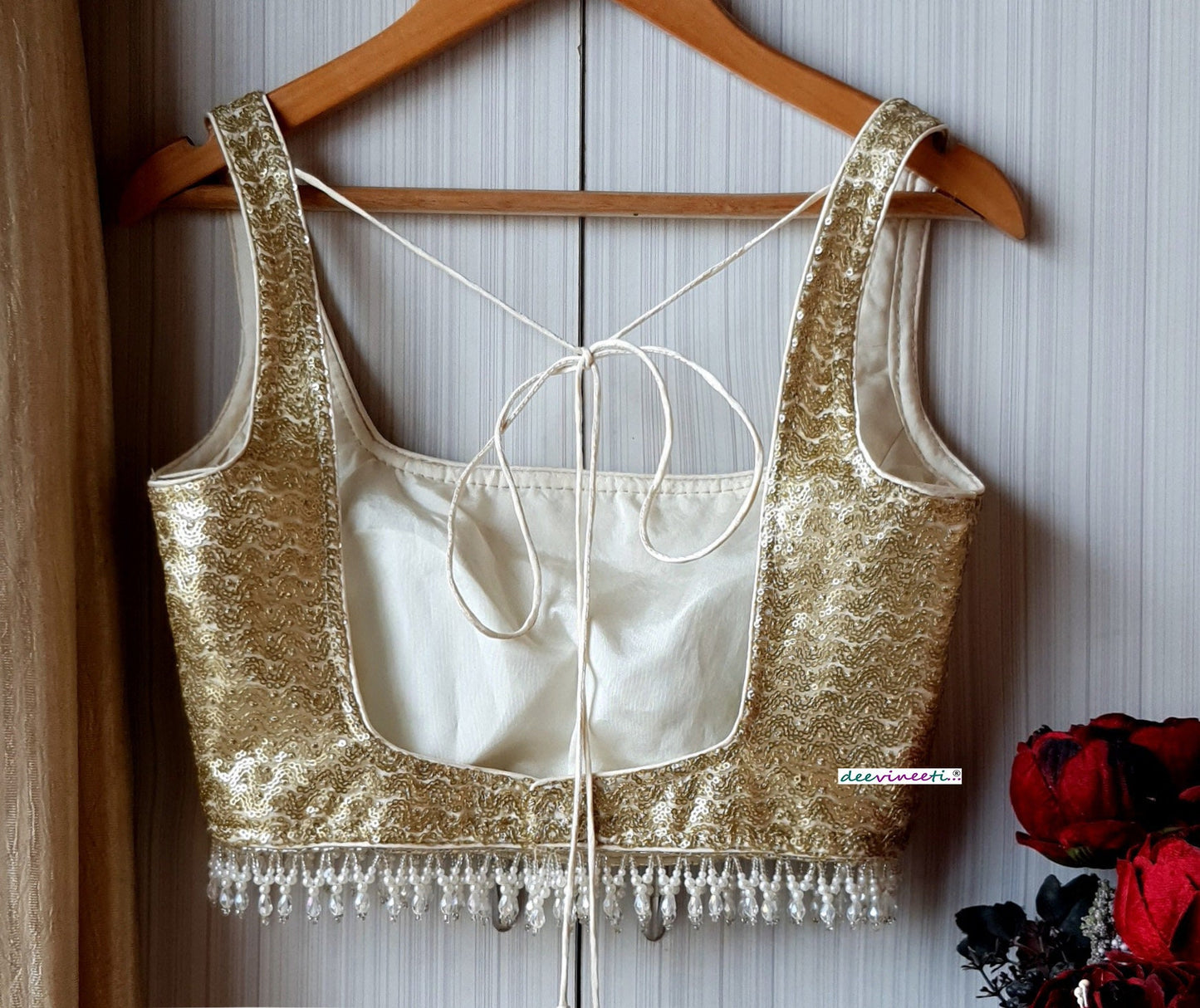 Gold Sequins Embroidered Net Square Neck Blouse DVBL_198