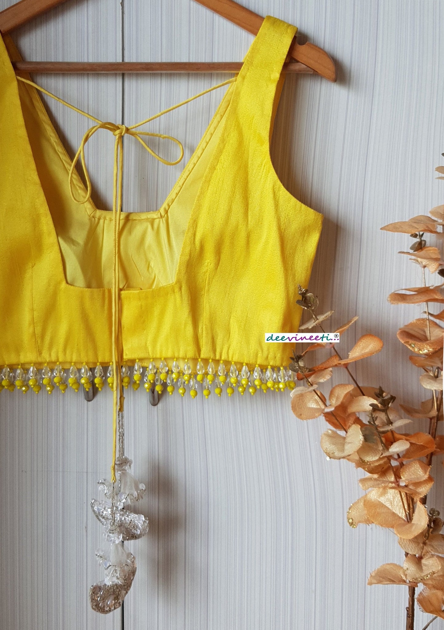 Designer Yellow Raw Silk Trapeze Neck Blouse with Beads Fringes DVBL_207