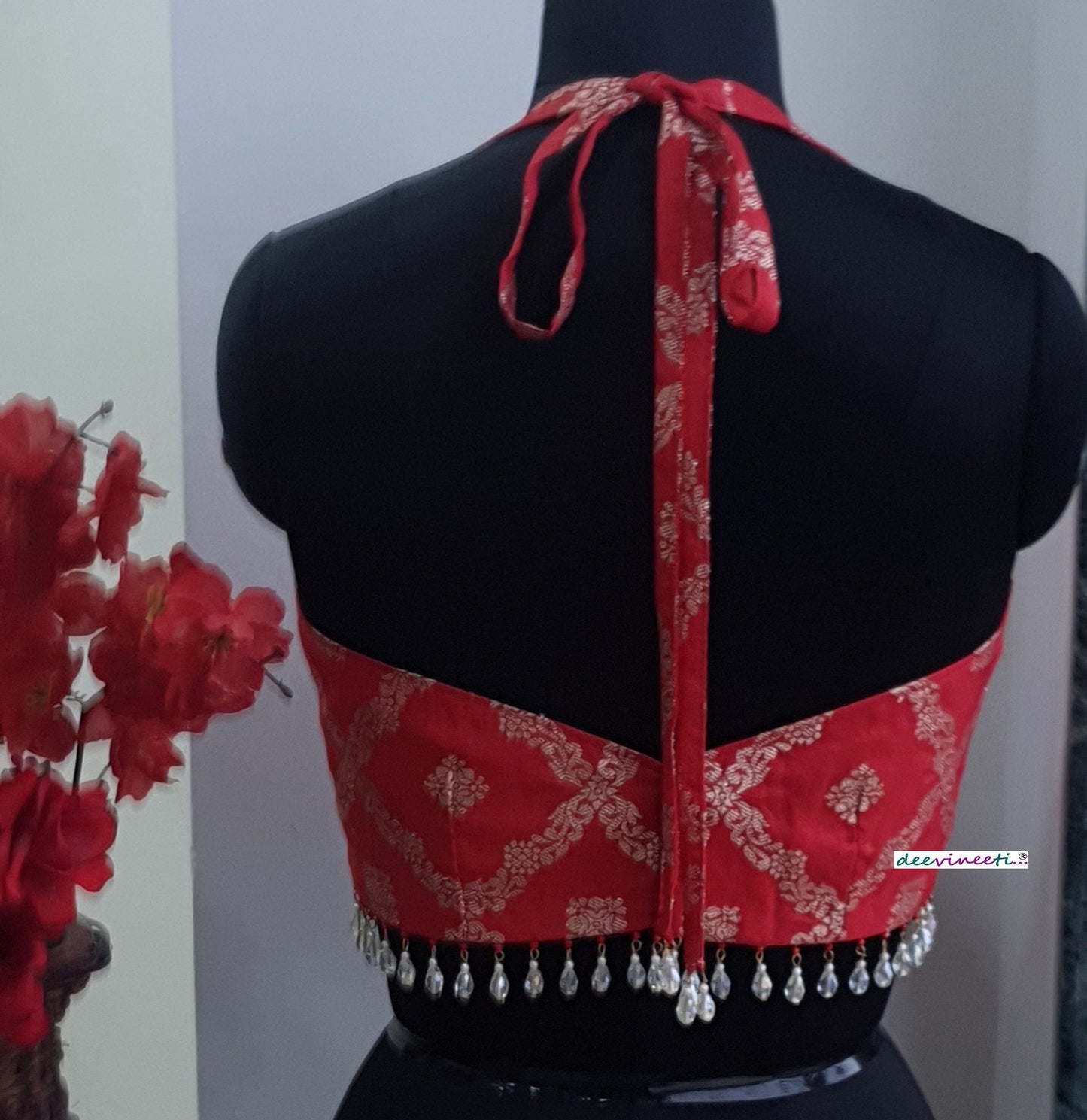 Red Brocade Halter Neck Blouse DVBL_264