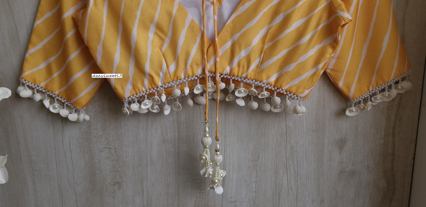 Yellow Leheriya Print Silk V Neck Blouse DVBL_392