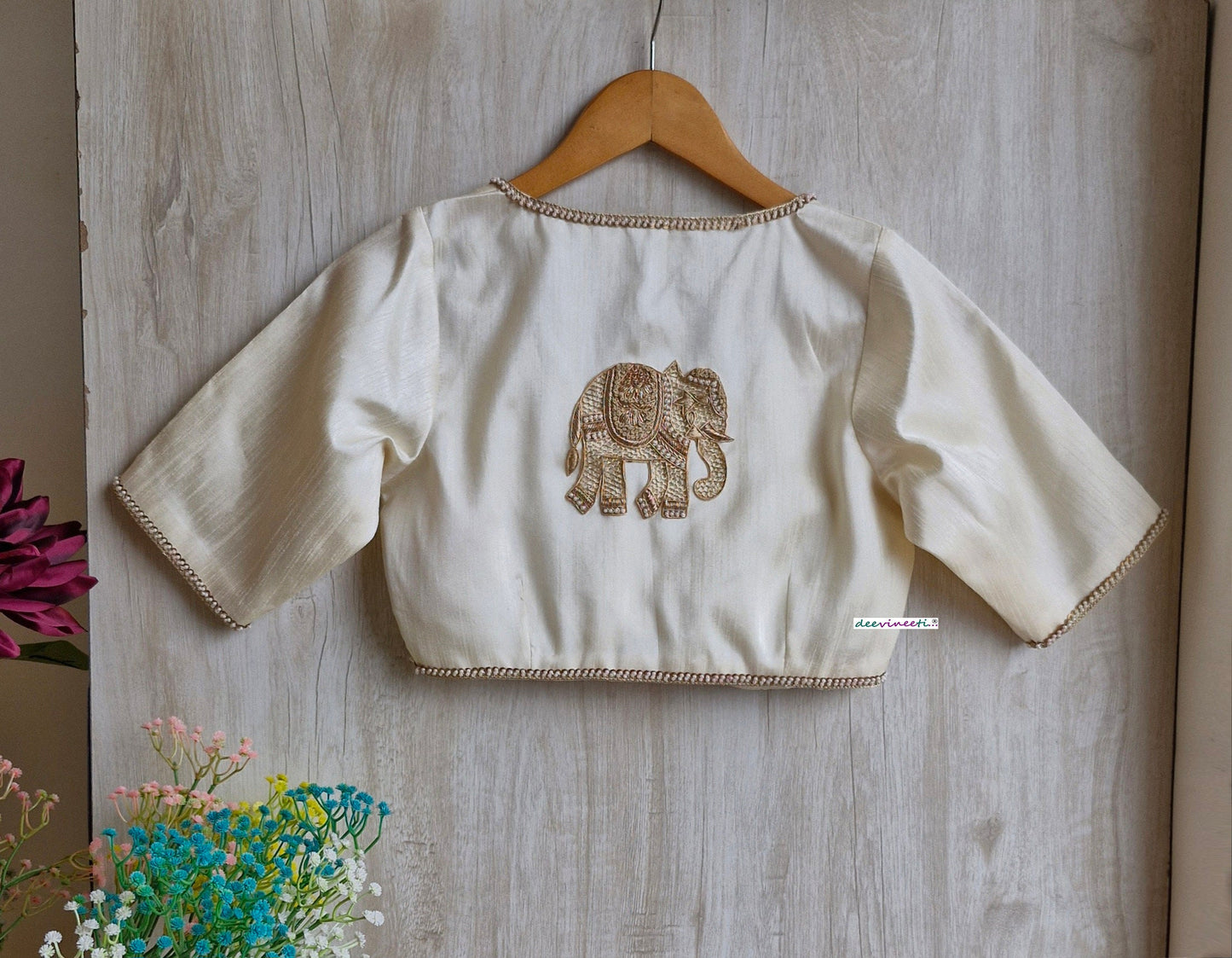 Cream Raw Silk Blouse with Applique Embroidery DVBL_322