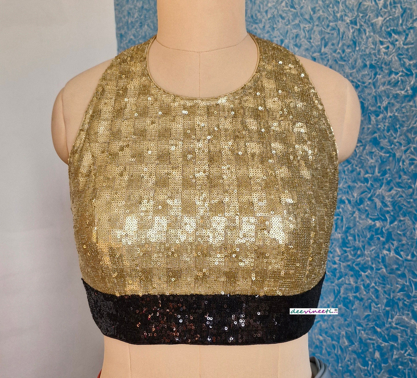 Gold and Black Sequins Halter Neck Backless Blouse DVBL_337