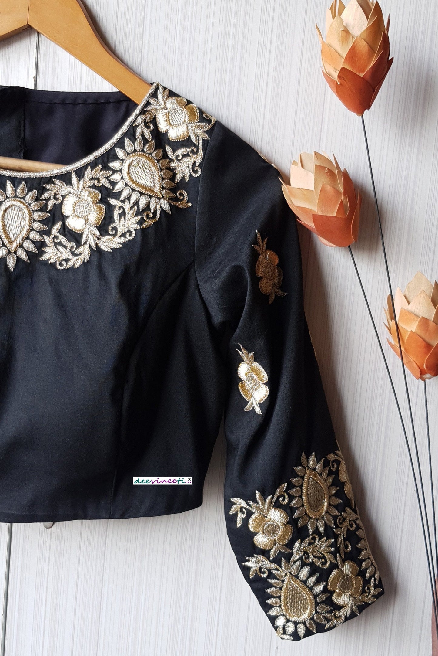 Black Silk Hand Embroidered 3/4th Sleeves Blouse DVBL_236