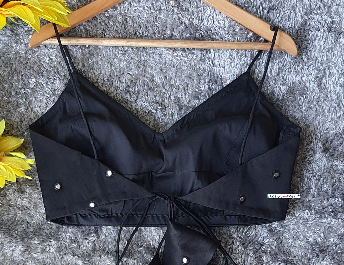Designer Black Satin Silk Blouse Deep V Spaghetti DVBL_216