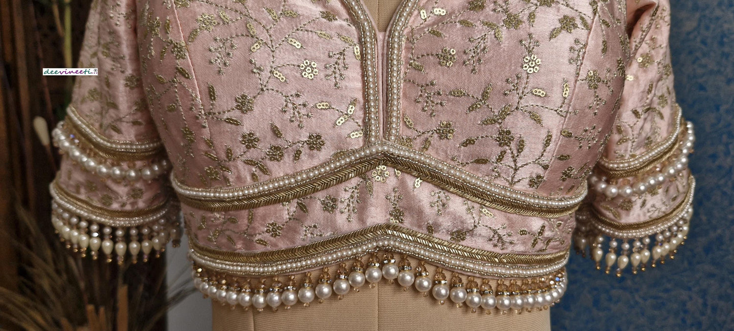 Peachish Pink Embroidered Sweetheart Neck Blouse DVBL_381
