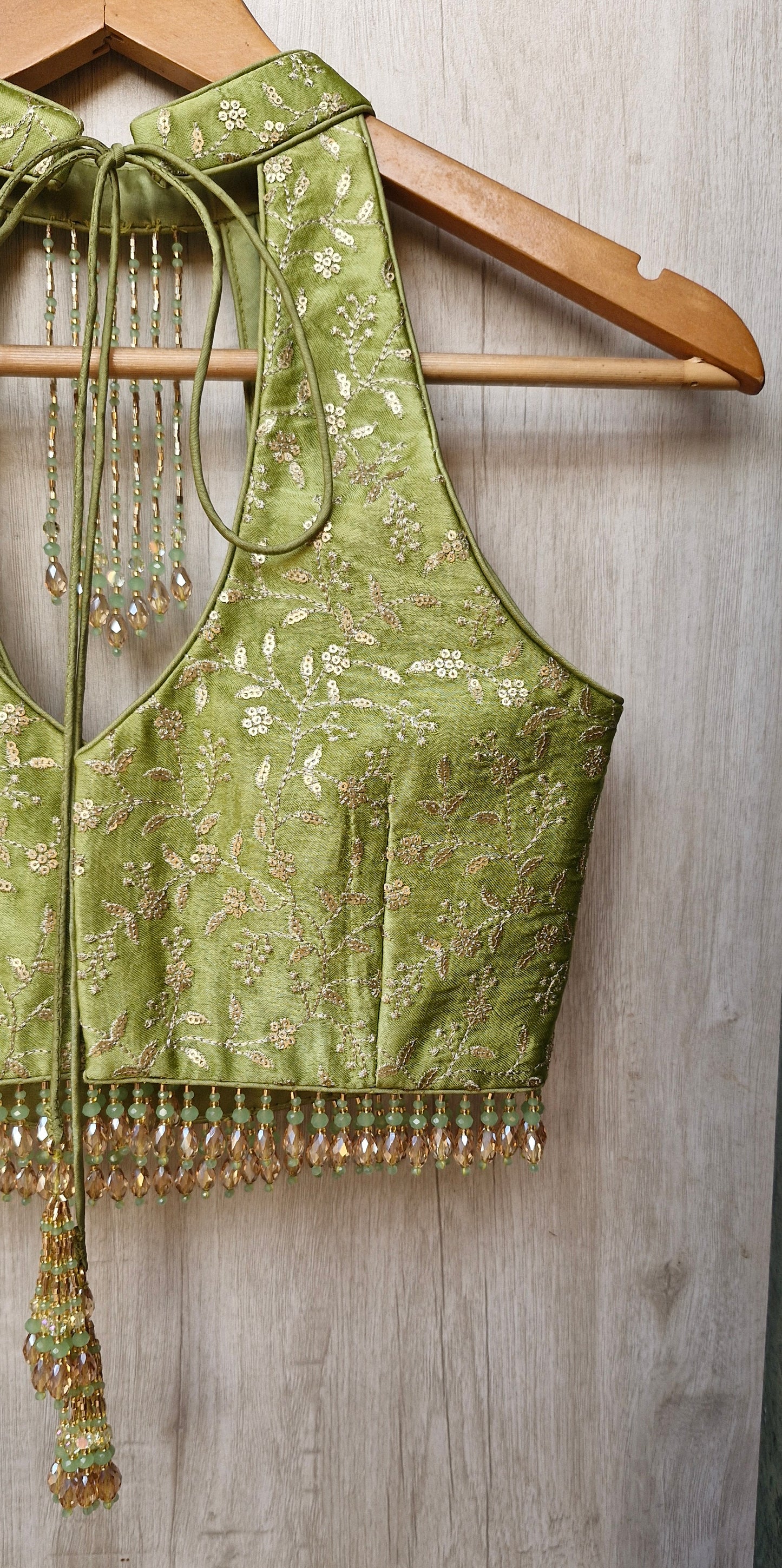 Green Embroidered Silk Halter Neck Blouse DVBL_467