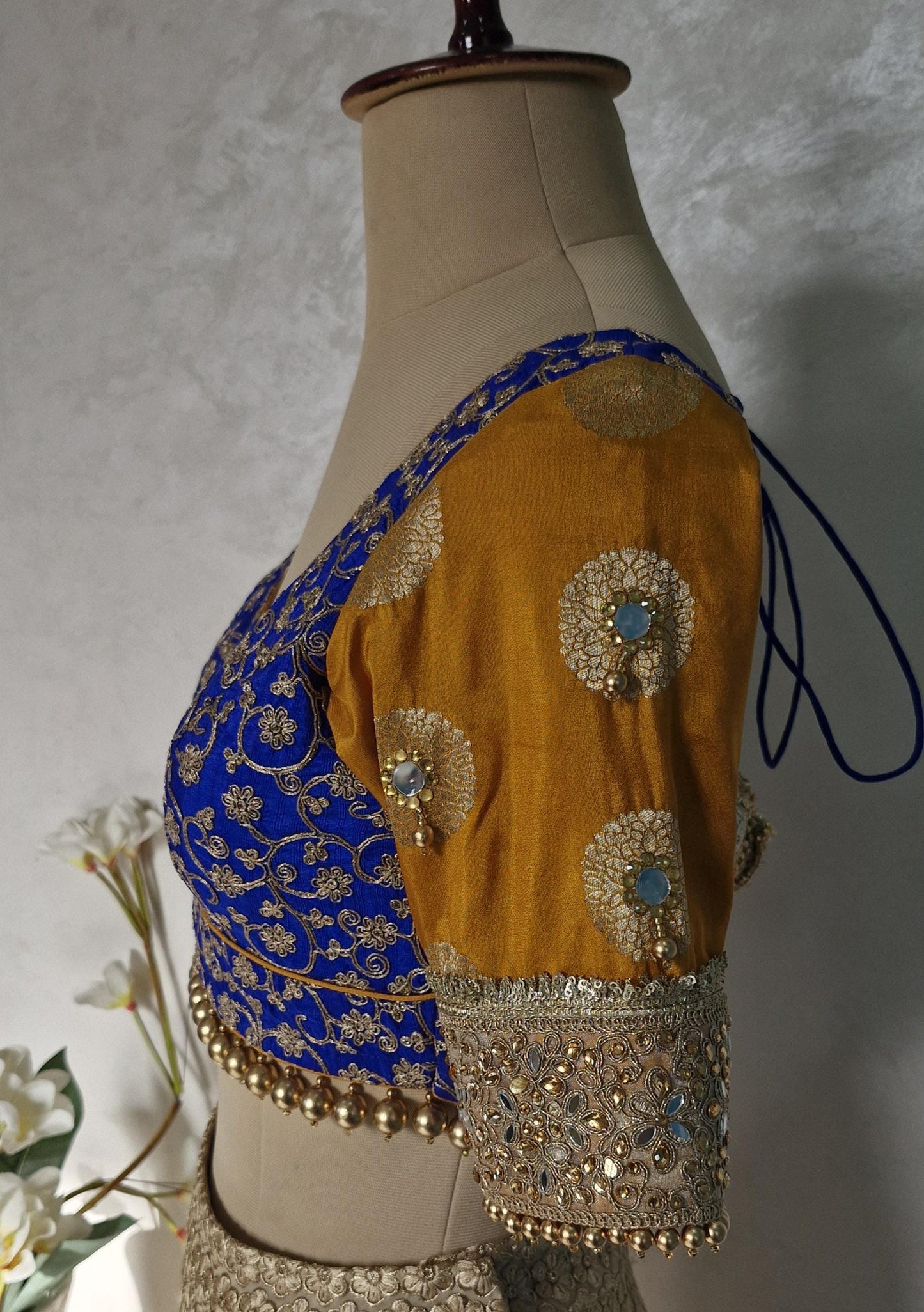 Embroidered Royal Blue and Mustard Blouse Sweetheart Neck DVBL_447