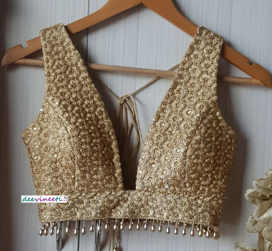 Embroidered Gold Plunge Neckline Blouse DVBL_139