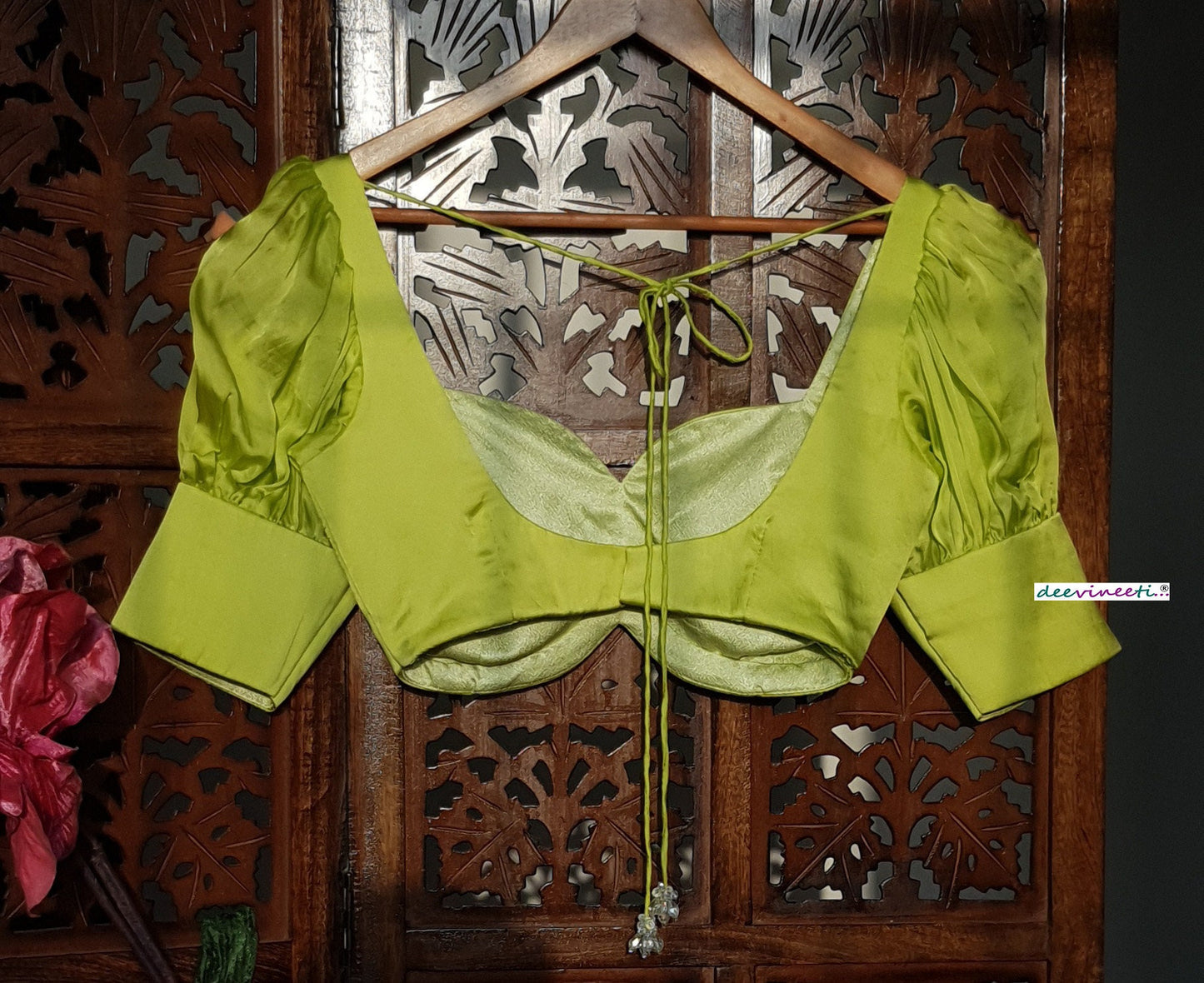 Lime Green Satin Organza Puff Sleeves Blouse DVBL_266