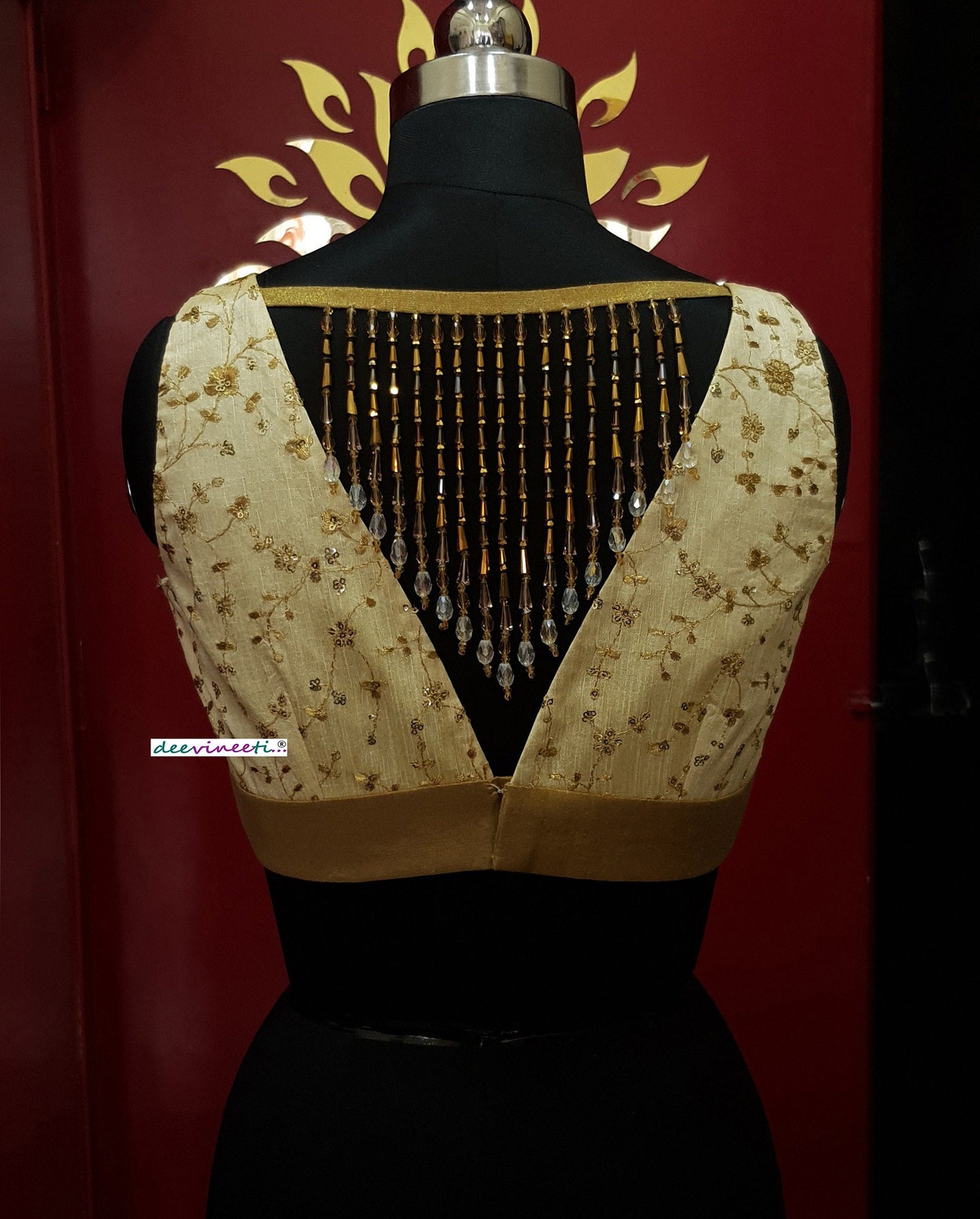 Cream Gold Embroidered Deep V Neck Blouse DVBL_253