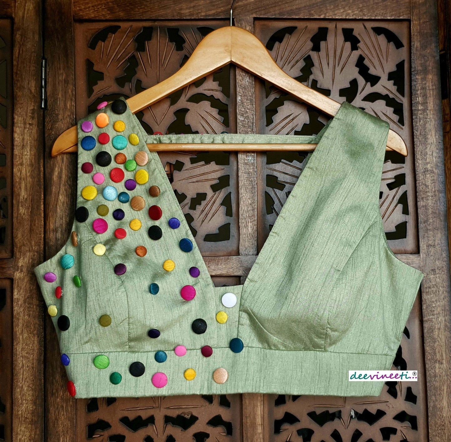 Green Raw Silk Button Embellished Blouse DVBL_135