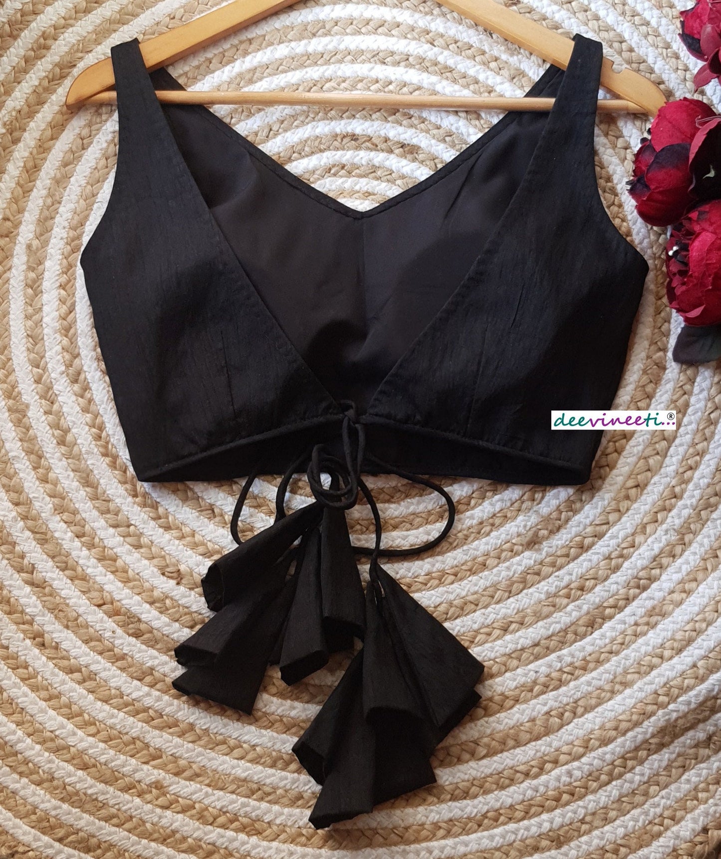 Raw Silk V Neck Open Back Solid Blouse DVBL_118