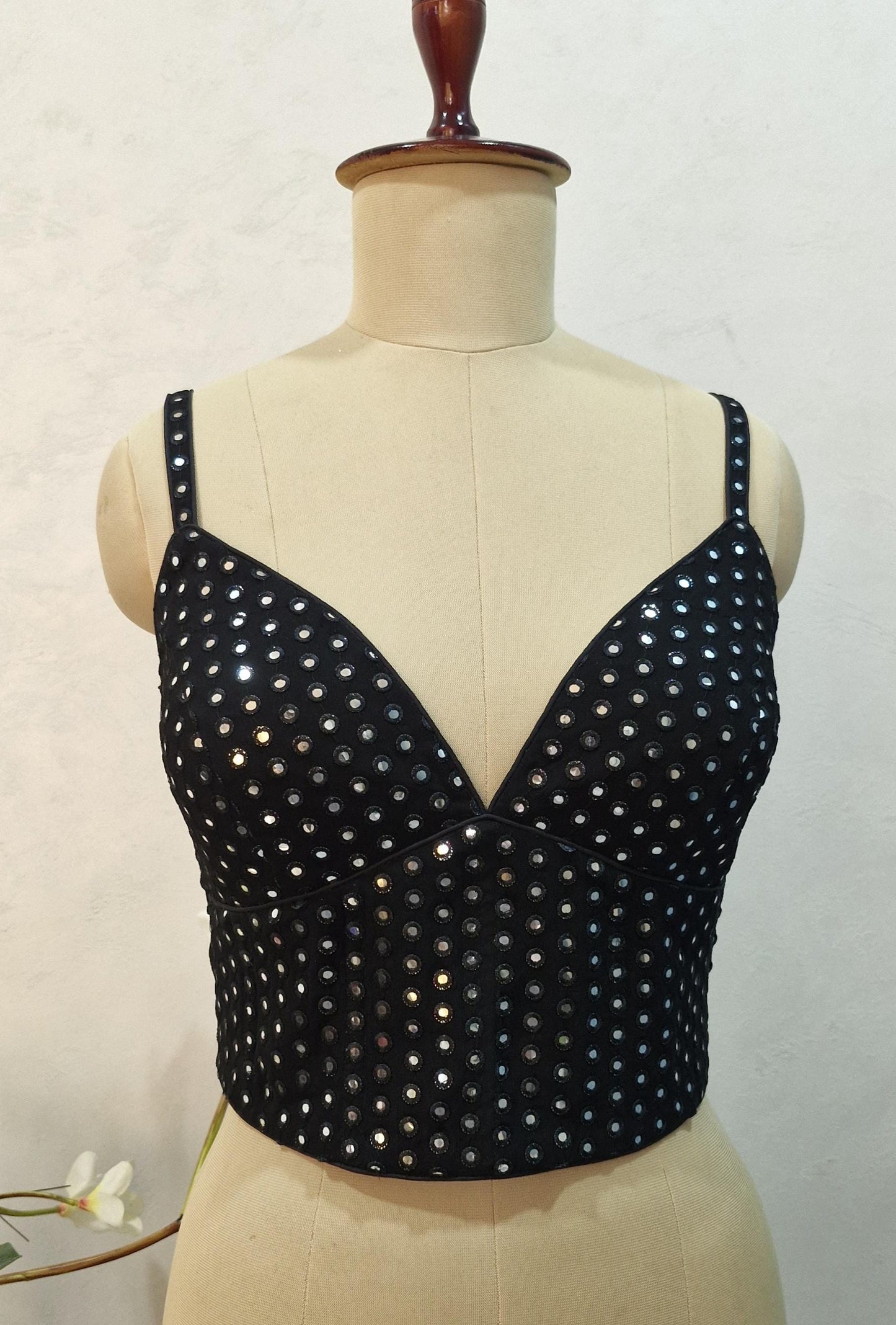 Black Faux Mirror Embroidered Spaghetti Corset Blouse DVCB_007