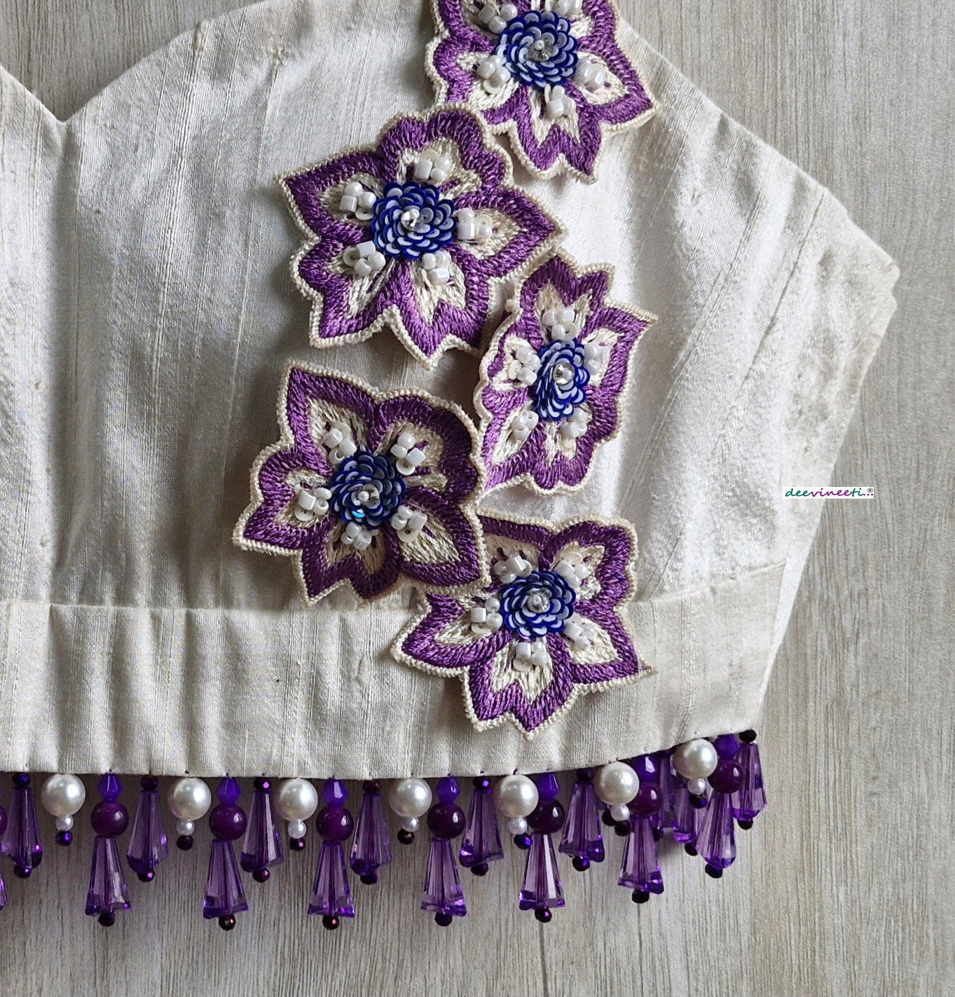Ivory Hand Embroidered Pure Raw Silk Spaghetti Blouse DVBL_364