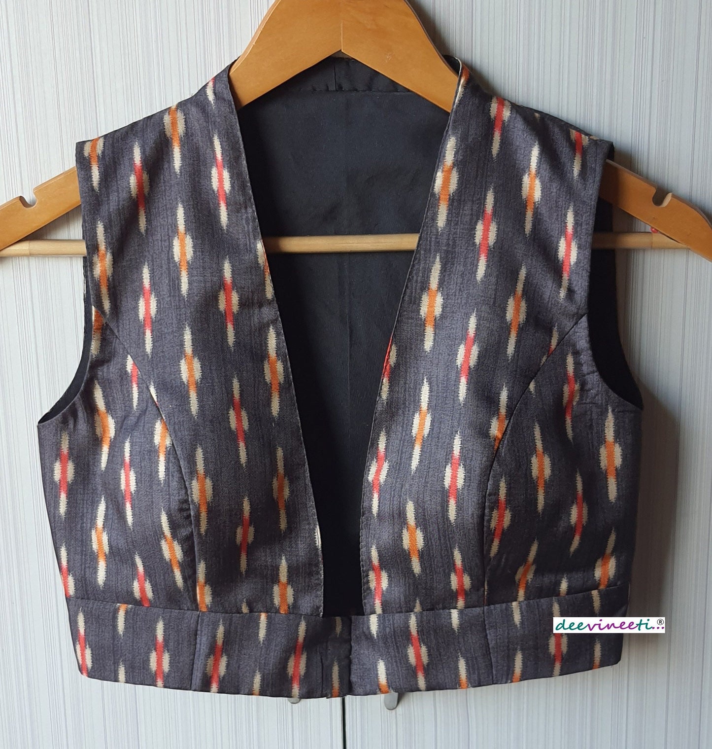 Grey Ikat Print Khadi Silk Plunge Neck Blouse DVBL_072