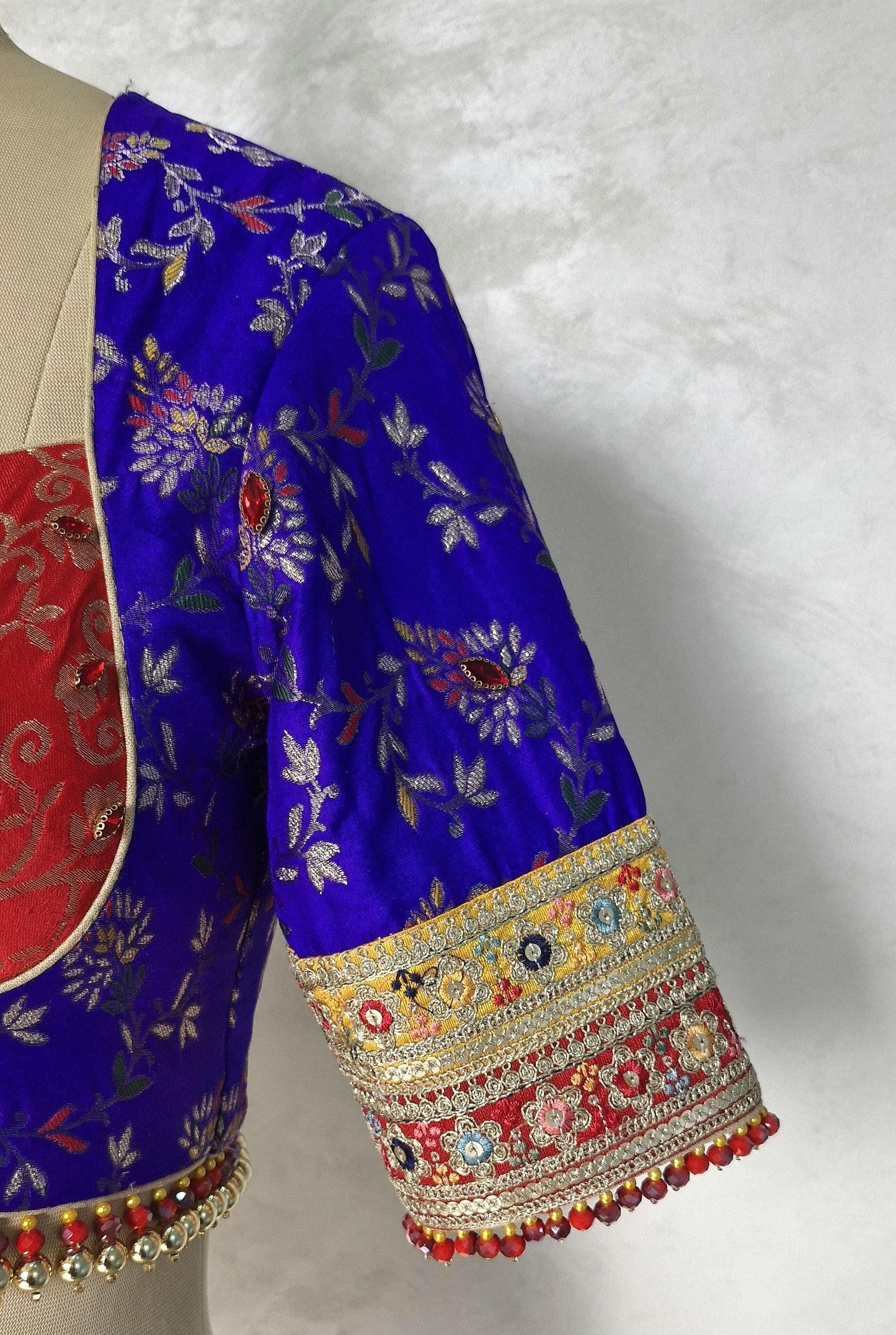 Blue Red Brocade Silk Sweetheart Neckline Blouse DVBL_448