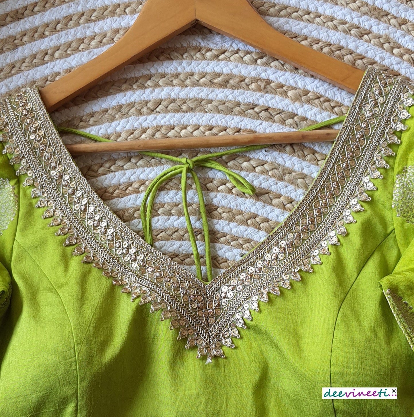 Lime Green Raw Silk Three Fourth Sleeves Blouse DVBL_134